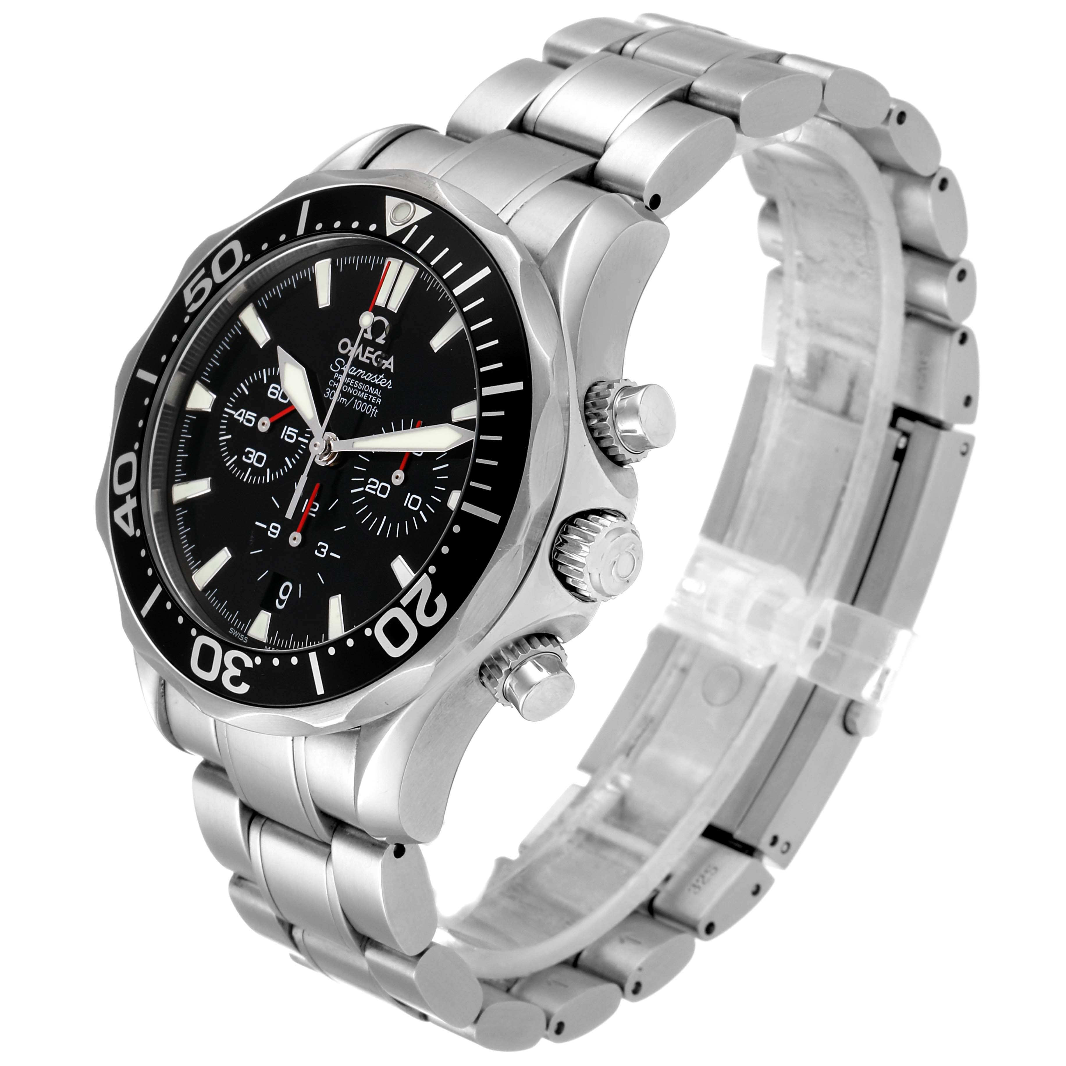 This image shows a side and partial front view of an Omega Seamaster 2594.52.00 Men's Stainless Steel Black Dial 2594.52.00 Men's Stainless Steel Black Dial watch, highlighting its stainless steel band, bezel, and chronograph dials.