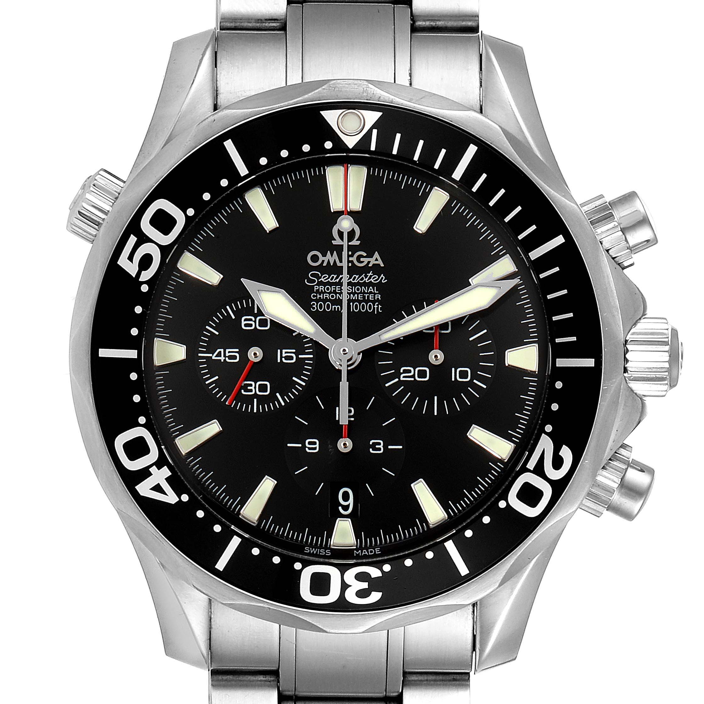 The image shows a frontal view of the Omega Seamaster 2594.52.00 Men's Stainless Steel Black Dial 2594.52.00 Men's Stainless Steel Black Dial watch, highlighting its dial, bezel, pushers, and bracelet.