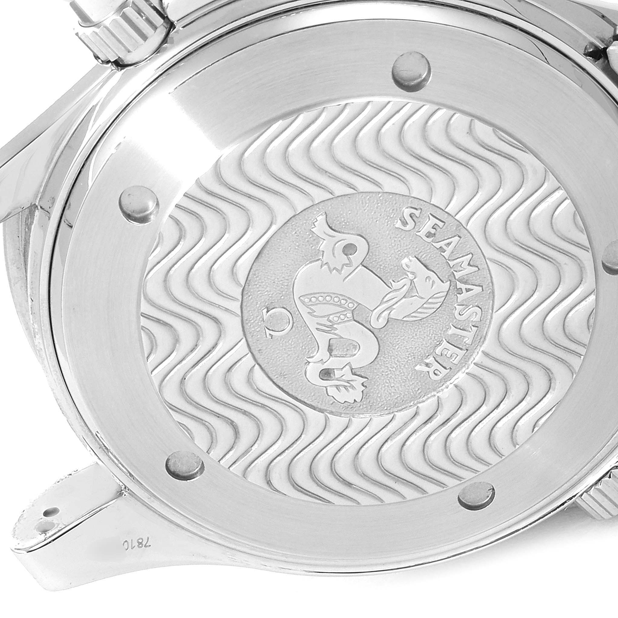 The image shows the case back of the Omega Seamaster 2594.52.00 Men's Stainless Steel Black Dial 2594.52.00 Men's Stainless Steel Black Dial watch, featuring an engraved design and the brand name.