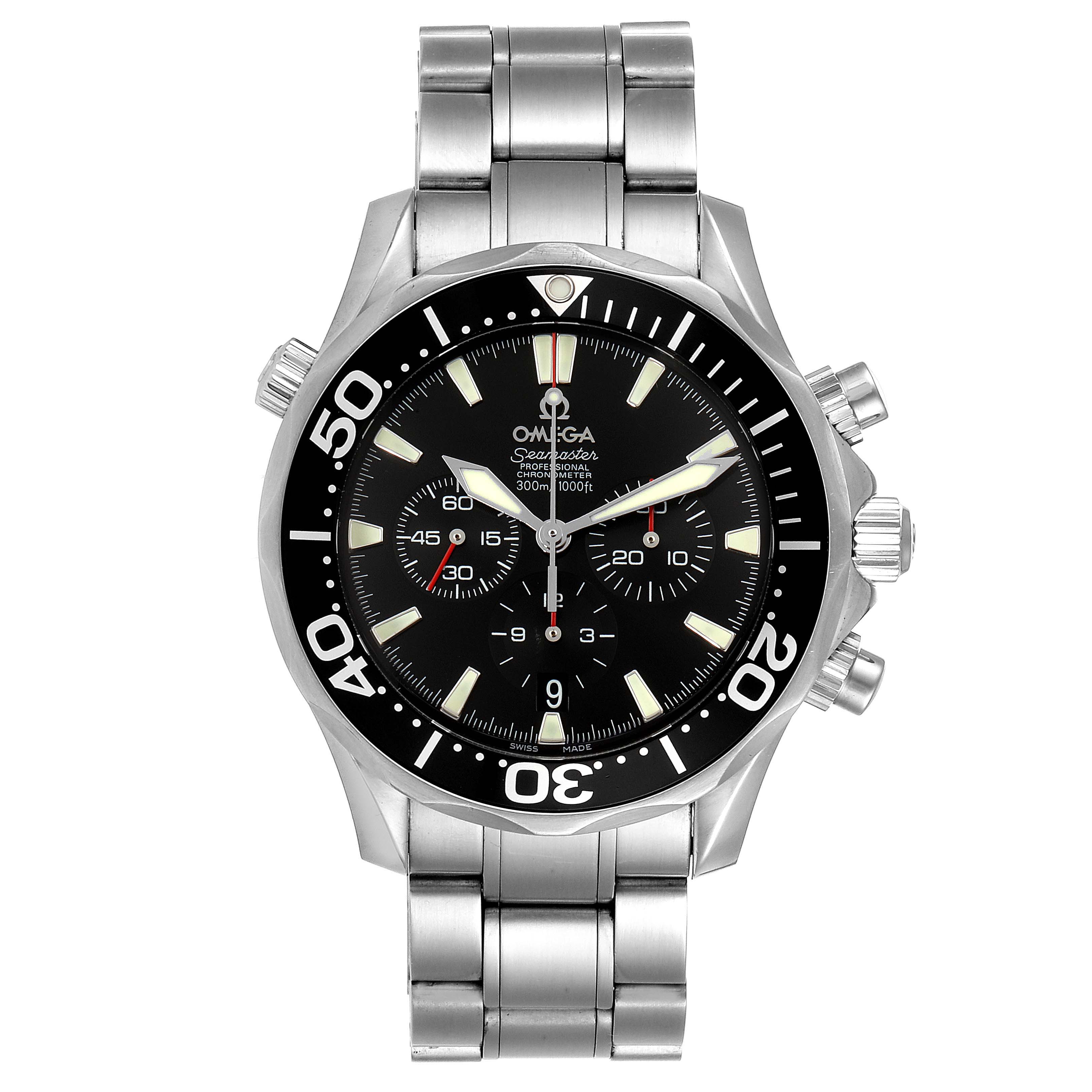 This image shows a front view of the Omega Seamaster 2594.52.00 Men's Stainless Steel Black Dial 2594.52.00 Men's Stainless Steel Black Dial watch, featuring its stainless steel bracelet and black dial with chronograph functions.