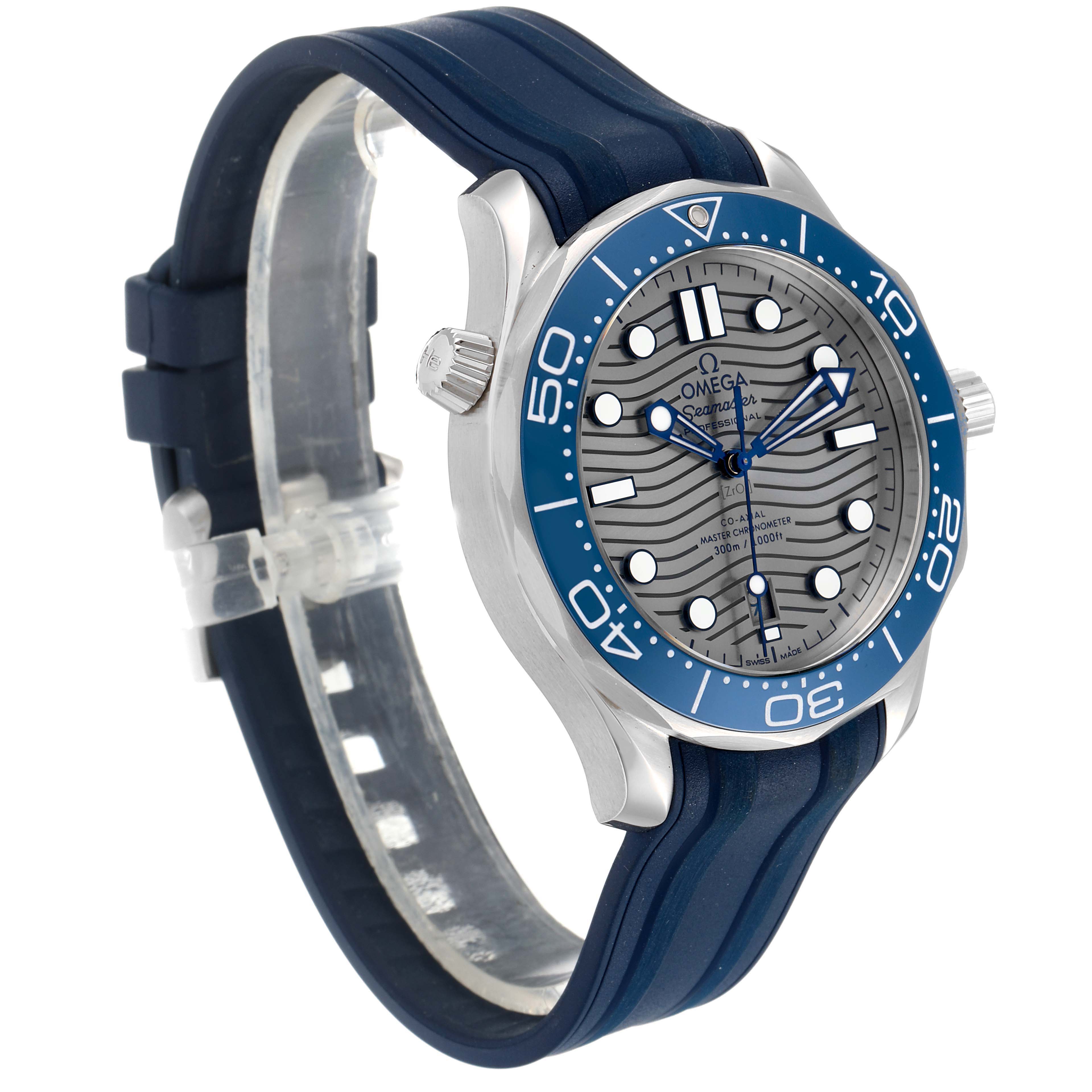 This image shows an angled view of an Omega Seamaster 210.32.42.20.06.001 Men
s Stainless Steel Grey Dial 210.32.42.20.06.001 Men
s Stainless Steel Grey Dial watch with a blue rubber strap and a silver and blue bezel.