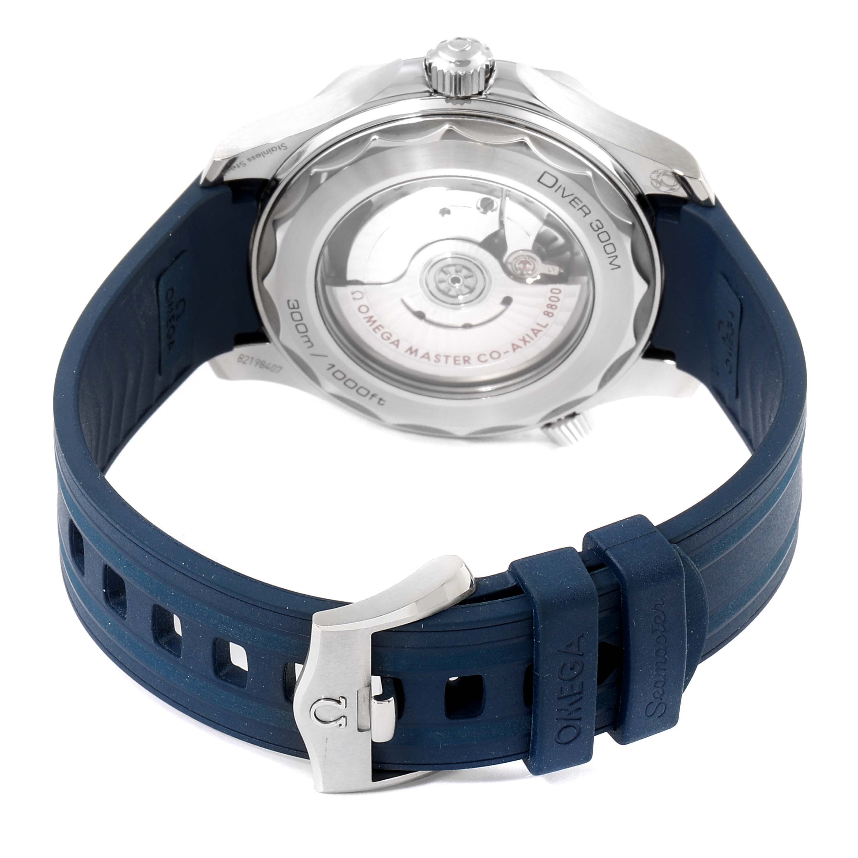 This image shows the back of the Omega Seamaster 210.32.42.20.06.001 Men
s Stainless Steel Grey Dial 210.32.42.20.06.001 Men
s Stainless Steel Grey Dial Diver 300M watch, highlighting its case back, rotor, and blue strap with a buckle.