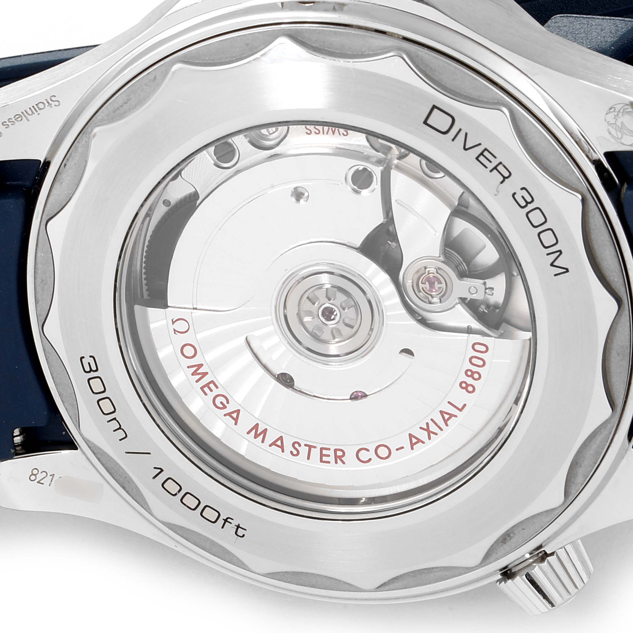 This image shows the back of an Omega Seamaster 210.32.42.20.06.001 Men
s Stainless Steel Grey Dial 210.32.42.20.06.001 Men
s Stainless Steel Grey Dial Diver 300M, highlighting its 8800 movement through a transparent case back.