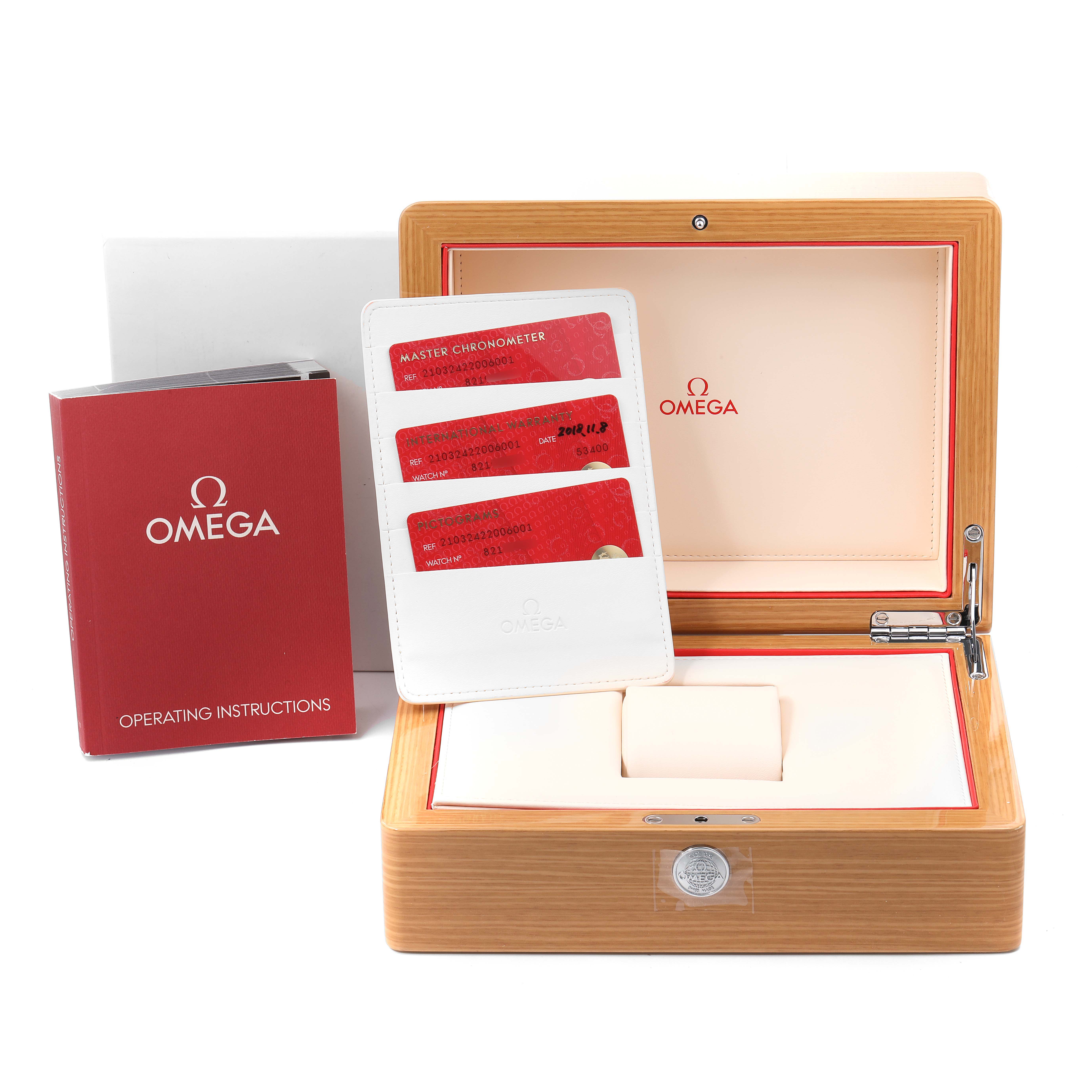 This image shows an Omega Seamaster 210.32.42.20.06.001 Men
s Stainless Steel Grey Dial 210.32.42.20.06.001 Men
s Stainless Steel Grey Dial watch box, instruction manual, and certification cards from a frontal angle.