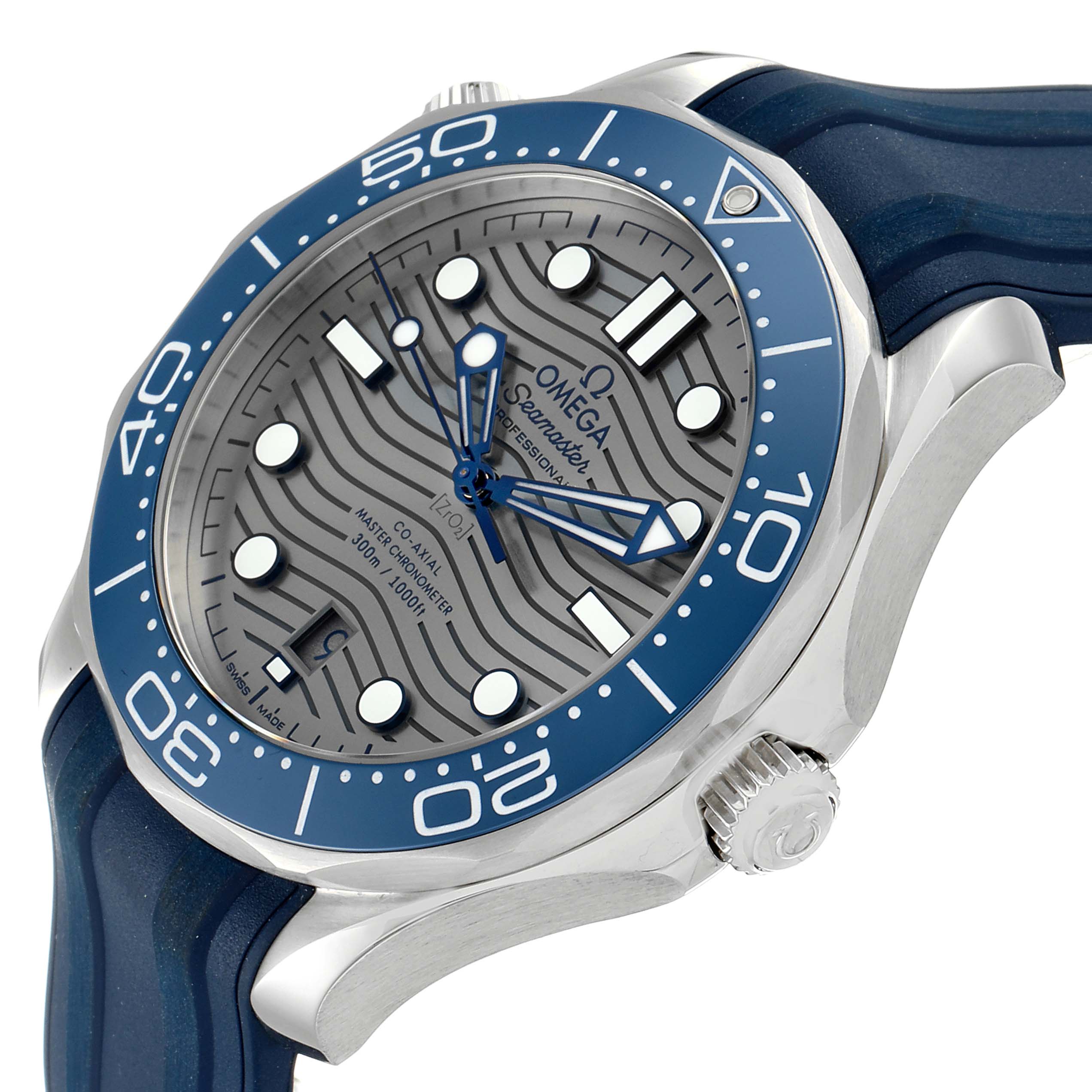 The image shows an angled view of the Omega Seamaster 210.32.42.20.06.001 Men
s Stainless Steel Grey Dial 210.32.42.20.06.001 Men
s Stainless Steel Grey Dial watch, highlighting the dial, bezel, crown, and strap.