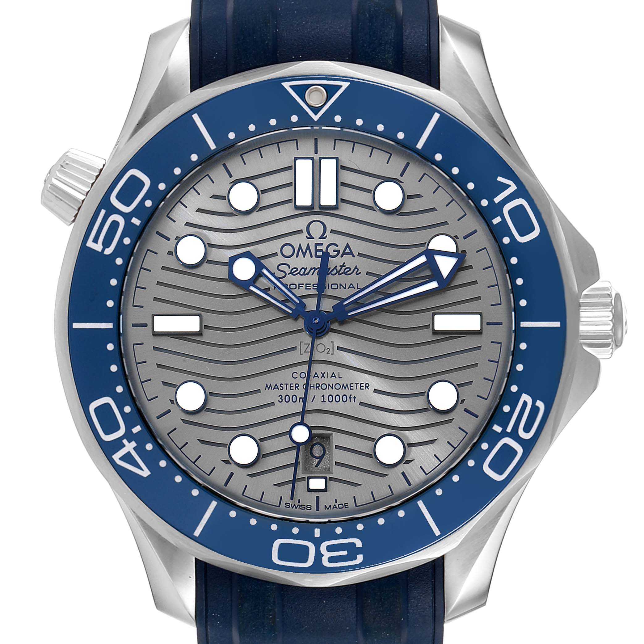 The image shows a front view of the Omega Seamaster 210.32.42.20.06.001 Men
s Stainless Steel Grey Dial 210.32.42.20.06.001 Men
s Stainless Steel Grey Dial watch, detailing the face, bezel, hands, and part of the strap.