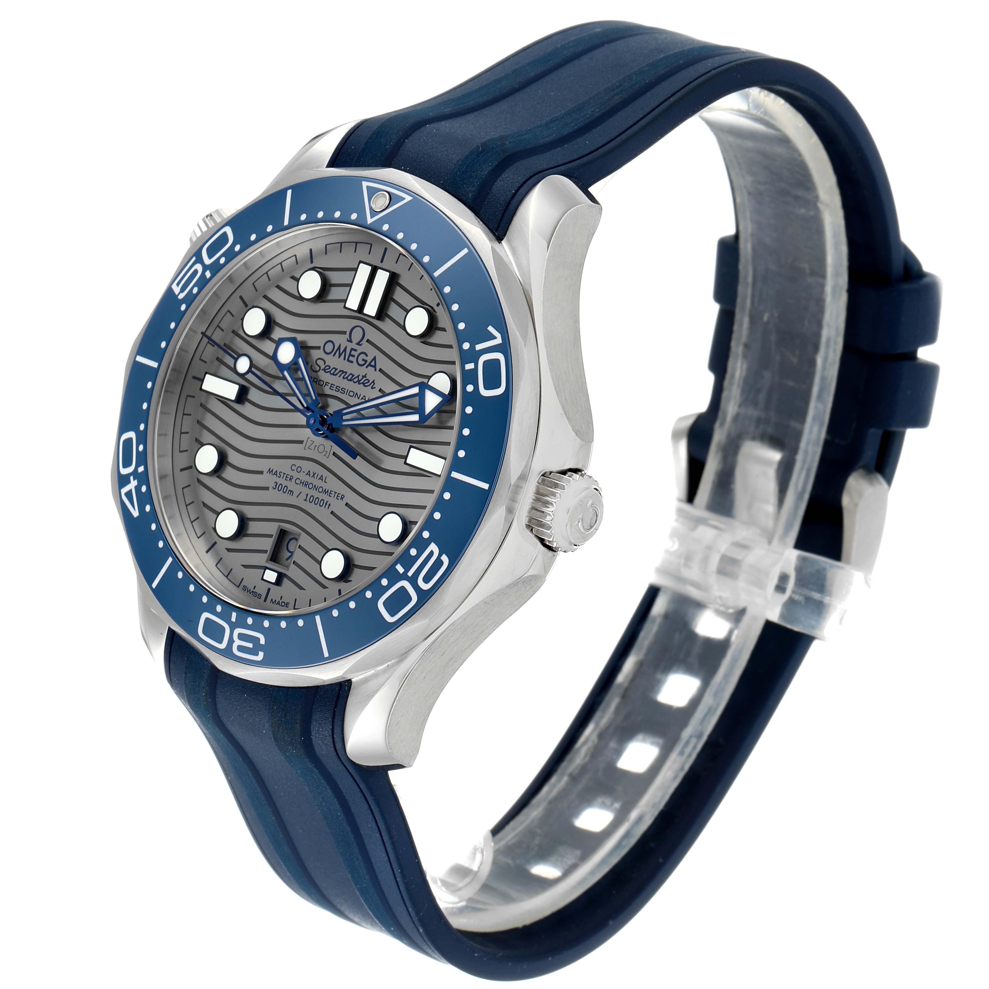 The Omega Seamaster 210.32.42.20.06.001 Men
s Stainless Steel Grey Dial 210.32.42.20.06.001 Men
s Stainless Steel Grey Dial watch is shown at a three-quarter angle, highlighting the face, bezel, crown, and rubber strap.