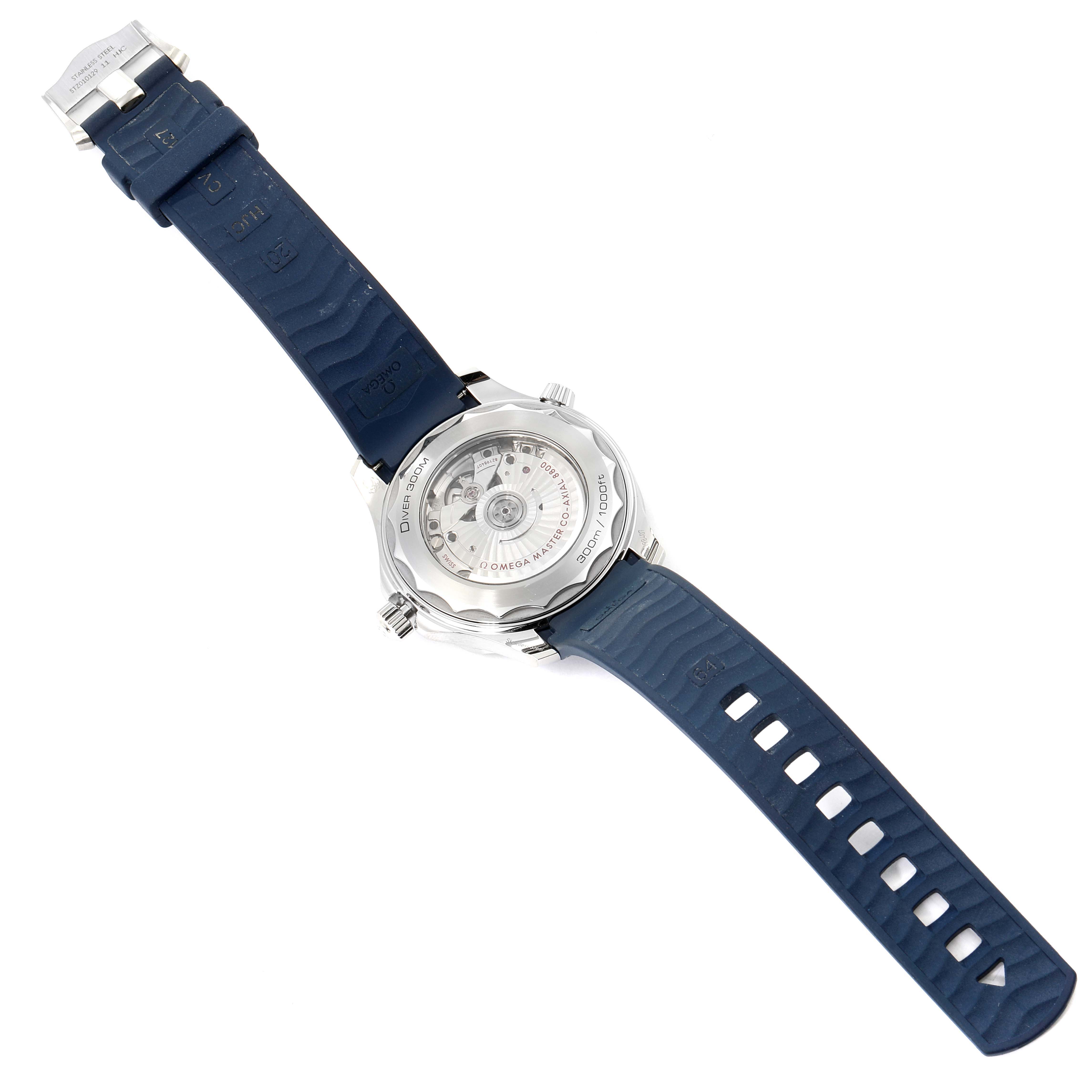 The image shows the back side of an Omega Seamaster 210.32.42.20.06.001 Men
s Stainless Steel Grey Dial 210.32.42.20.06.001 Men
s Stainless Steel Grey Dial watch, highlighting its transparent case back and blue strap.