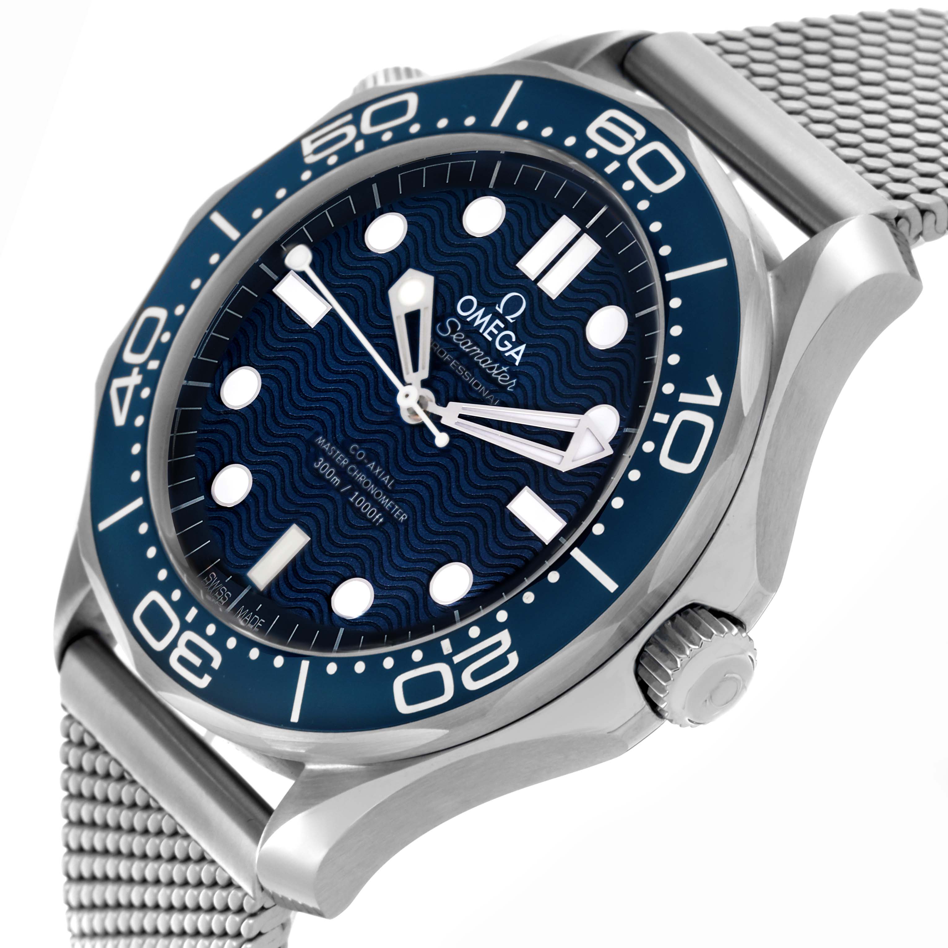 The Omega Seamaster 210.30.42.20.03.002 Men's Stainless Steel Blue Dial 210.30.42.20.03.002 Men's Stainless Steel Blue Dial watch is shown at an angled view highlighting the dial, bezel, and mesh bracelet.