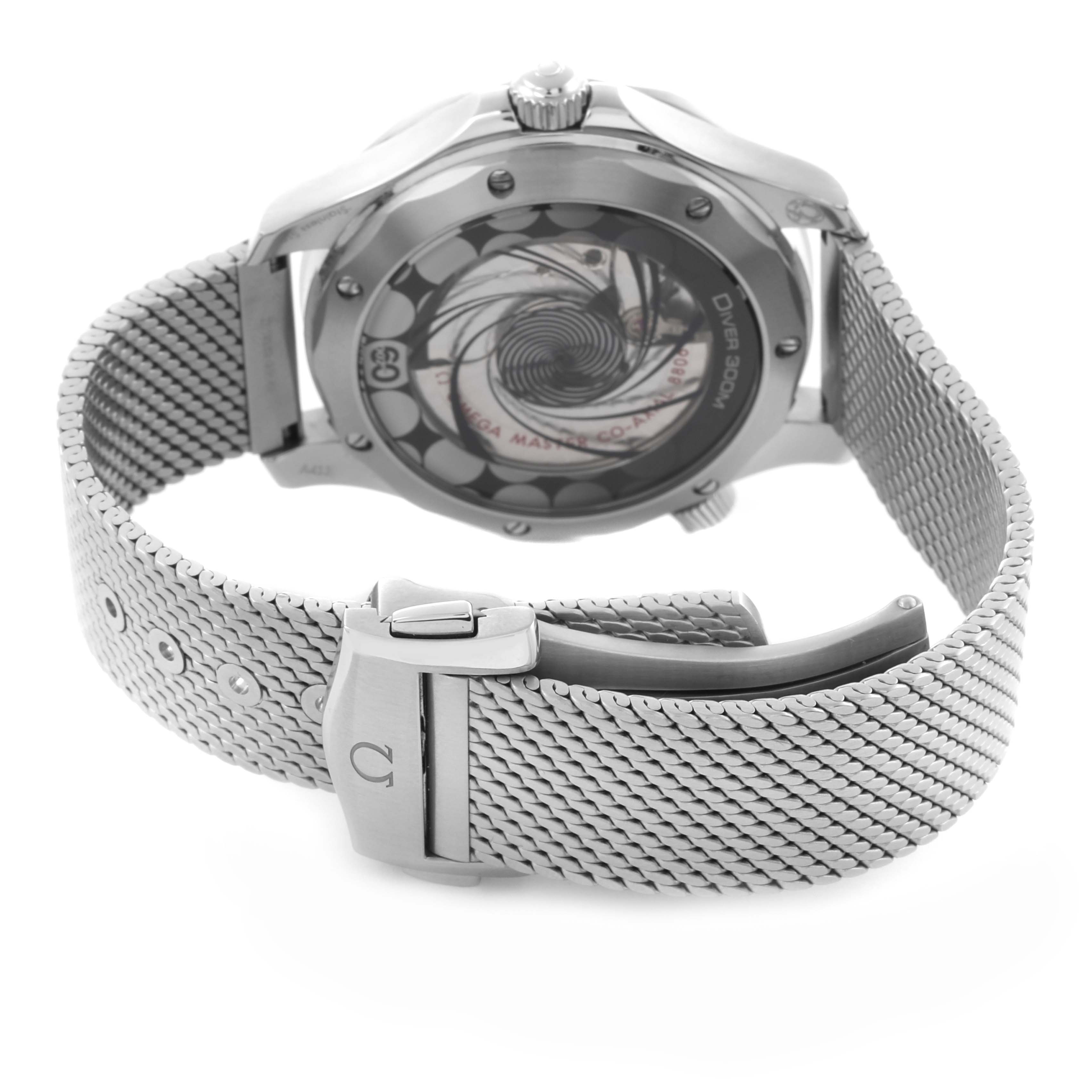 The image shows the back and stainless steel mesh strap of the Omega Seamaster 210.30.42.20.03.002 Men's Stainless Steel Blue Dial 210.30.42.20.03.002 Men's Stainless Steel Blue Dial, highlighting the case back and clasp.