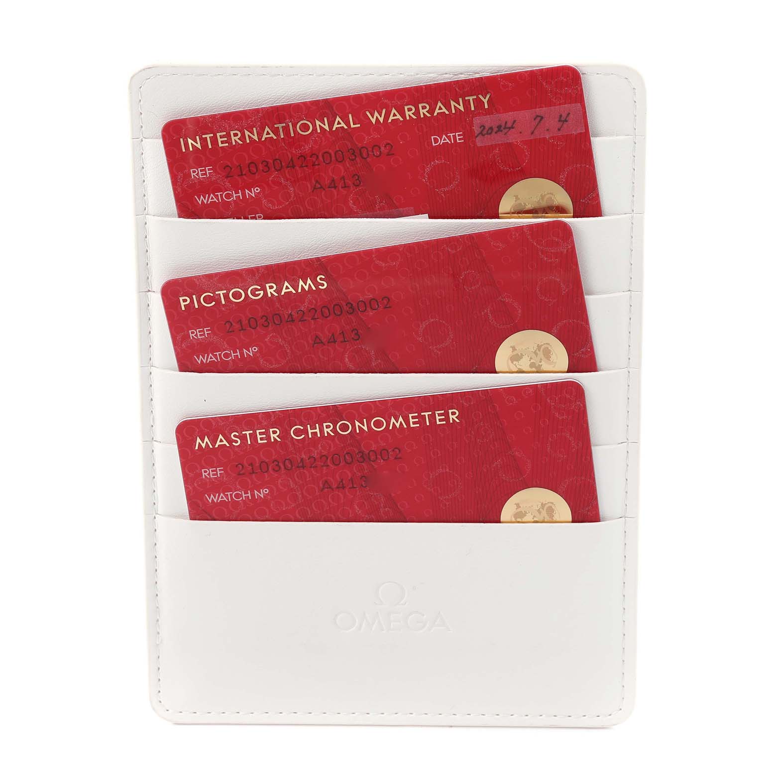 The image shows warranty cards for the Omega Seamaster 210.30.42.20.03.002 Men's Stainless Steel Blue Dial 210.30.42.20.03.002 Men's Stainless Steel Blue Dial, placed in a white cardholder from the front view.