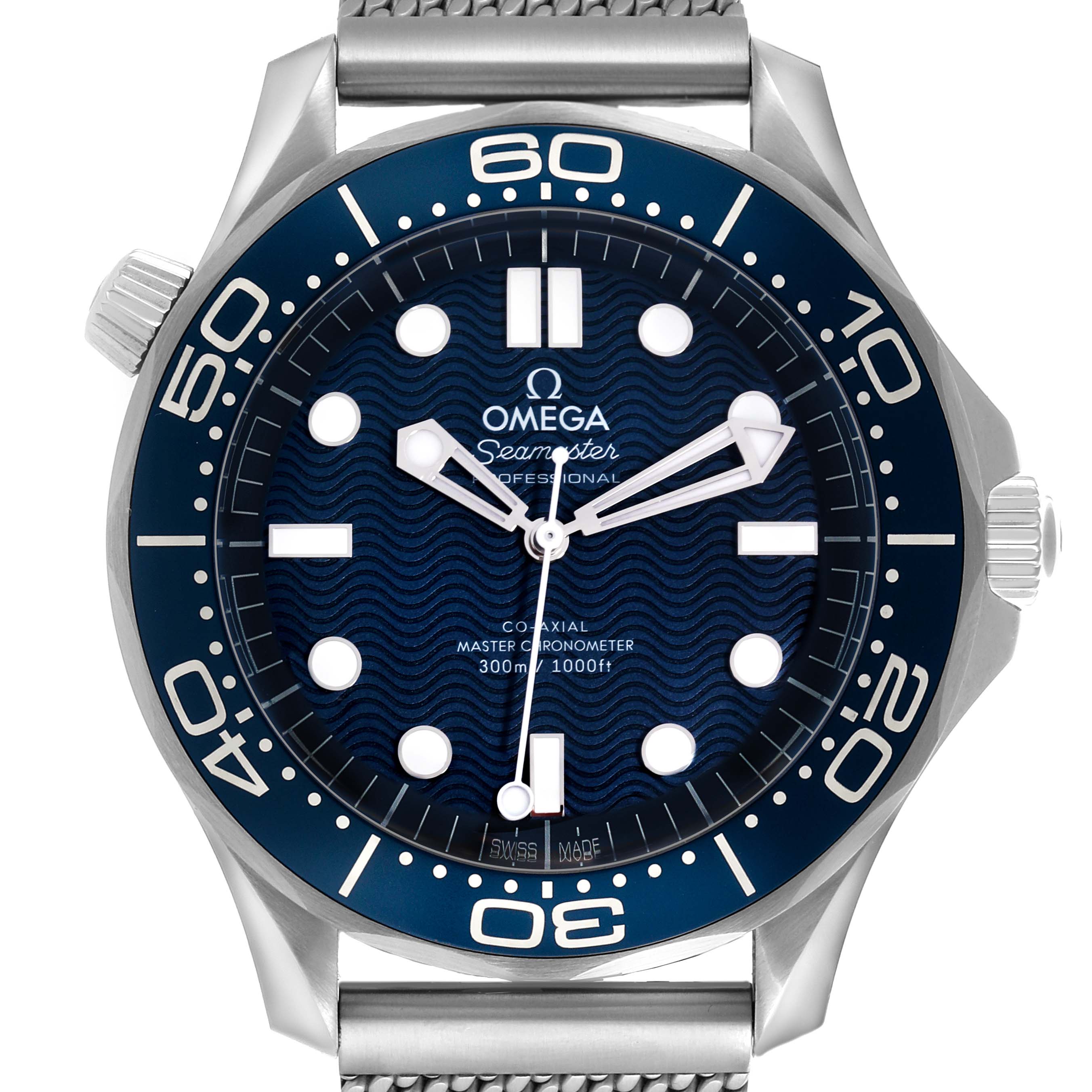 The image shows a front view of the Omega Seamaster 210.30.42.20.03.002 Men's Stainless Steel Blue Dial 210.30.42.20.03.002 Men's Stainless Steel Blue Dial watch, highlighting the dial, bezel, and part of the bracelet.