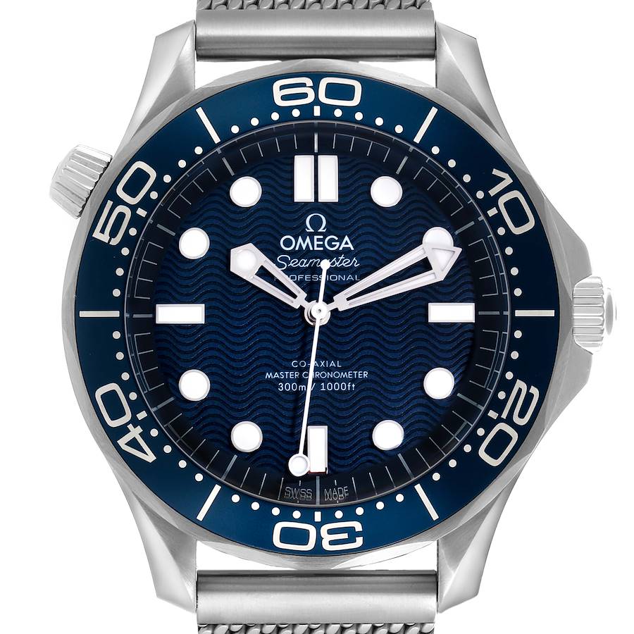 The image shows a front view of the Omega Seamaster watch, highlighting the dial, bezel, and part of the bracelet.