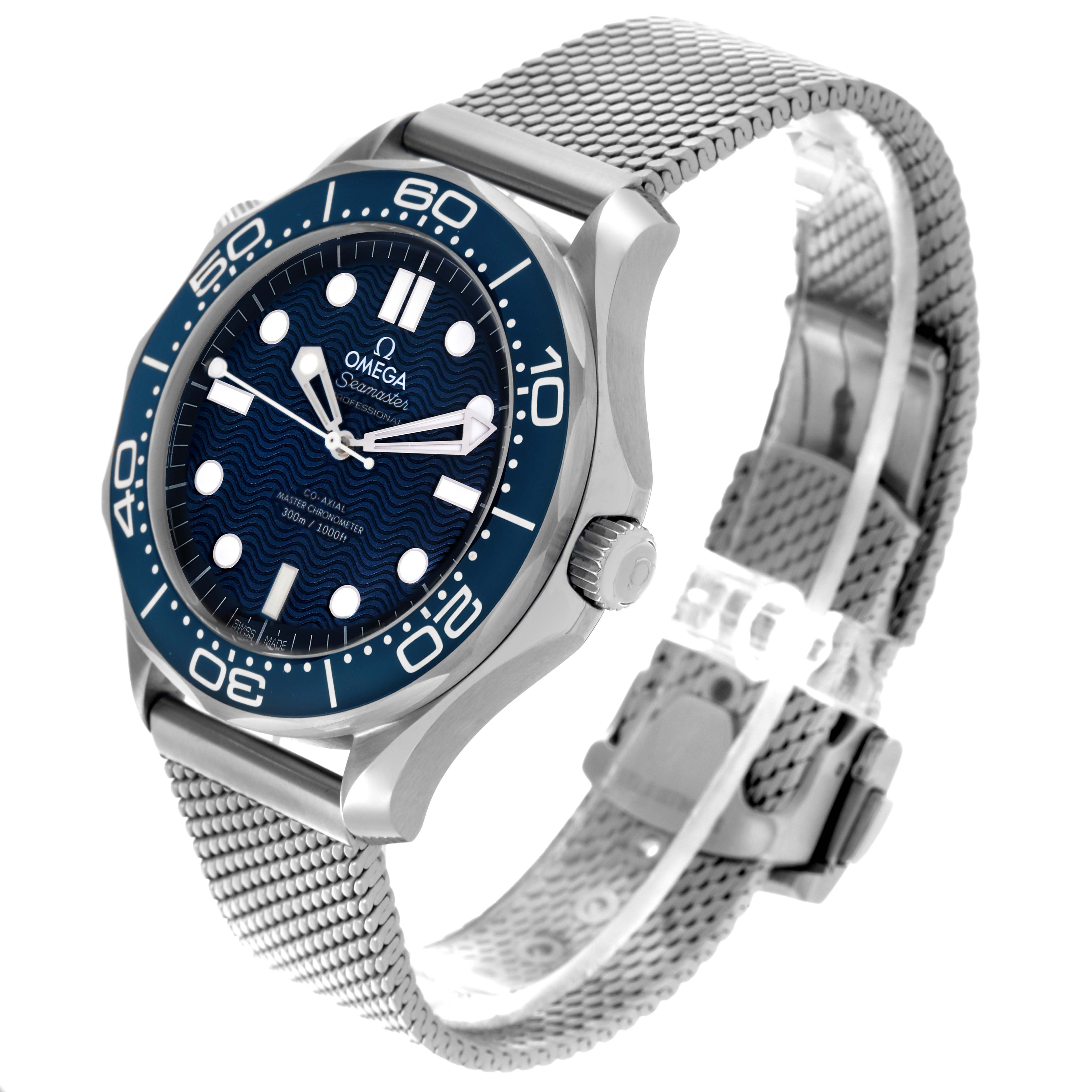 The Omega Seamaster 210.30.42.20.03.002 Men's Stainless Steel Blue Dial 210.30.42.20.03.002 Men's Stainless Steel Blue Dial watch is shown at a three-quarter angle, highlighting the dial, bezel, crown, and mesh strap.
