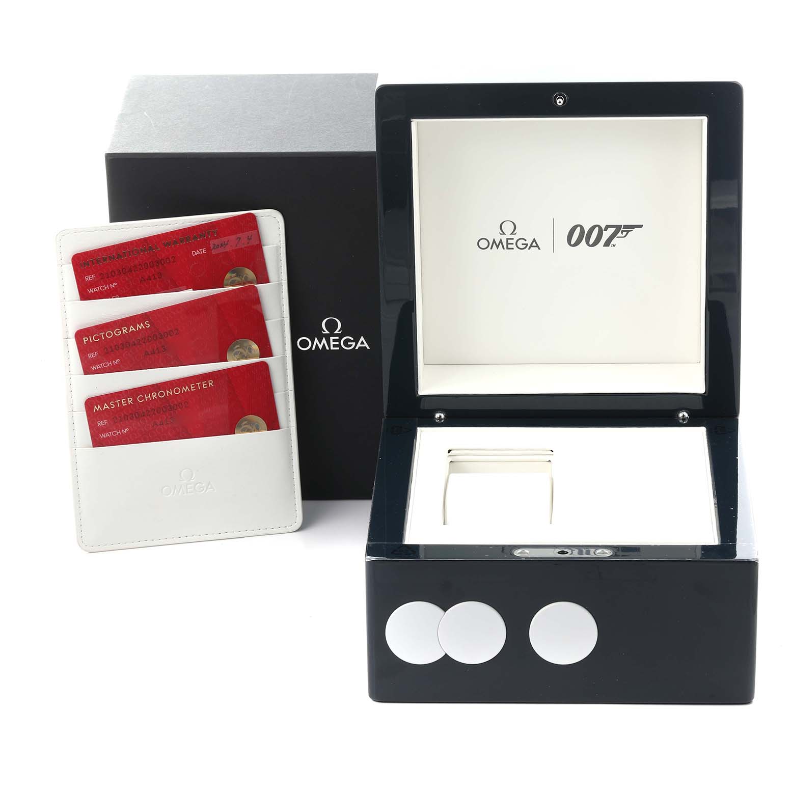 The image shows the Omega Seamaster 210.30.42.20.03.002 Men's Stainless Steel Blue Dial 210.30.42.20.03.002 Men's Stainless Steel Blue Dial watch box, warranty cards in a holder, and packaging from a front angle.