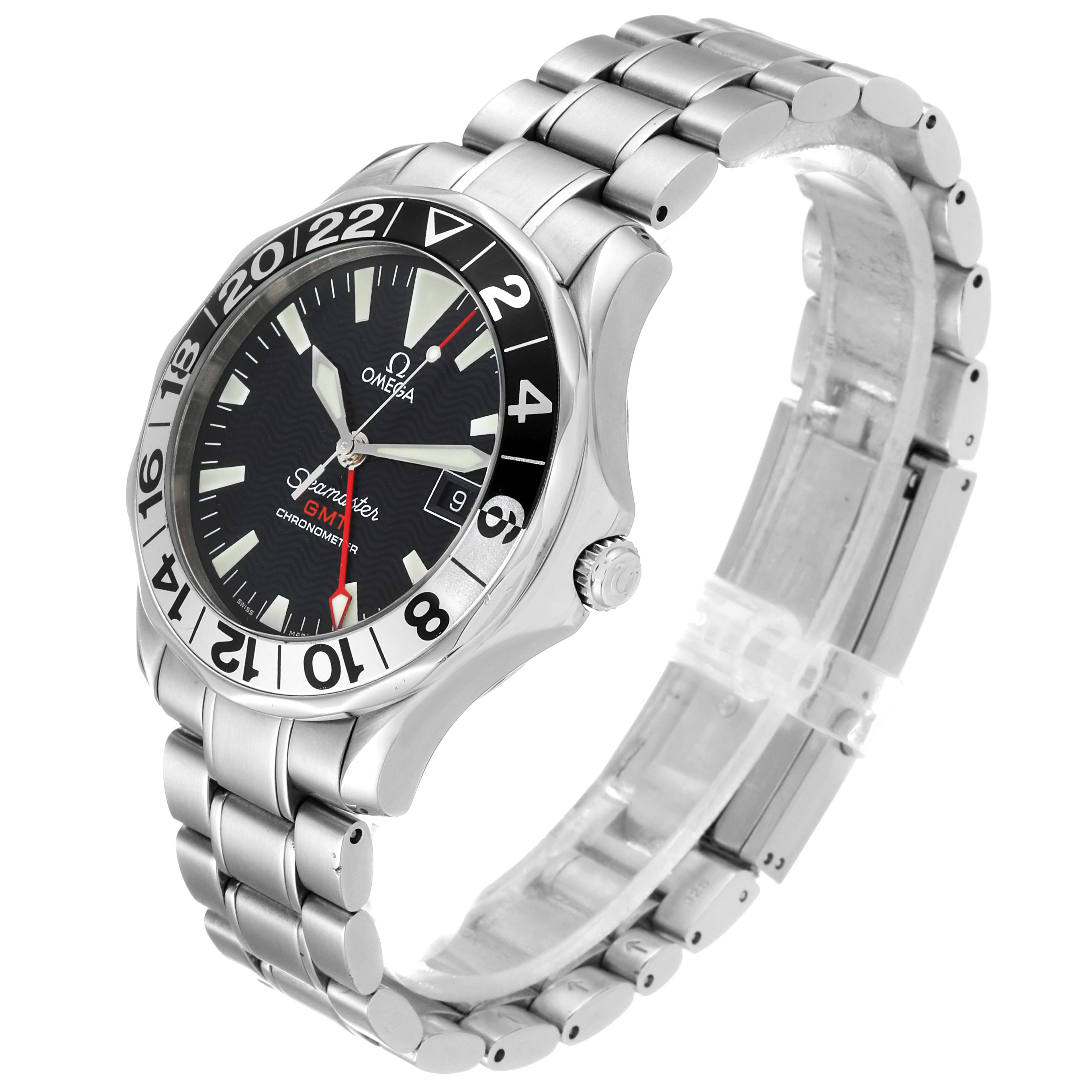 The image shows an Omega Seamaster 2536.50.00 Men's Stainless Steel Black Dial 2536.50.00 Men's Stainless Steel Black Dial model watch taken from a 3/4 angle, showcasing its face, bezel, and metal bracelet.
