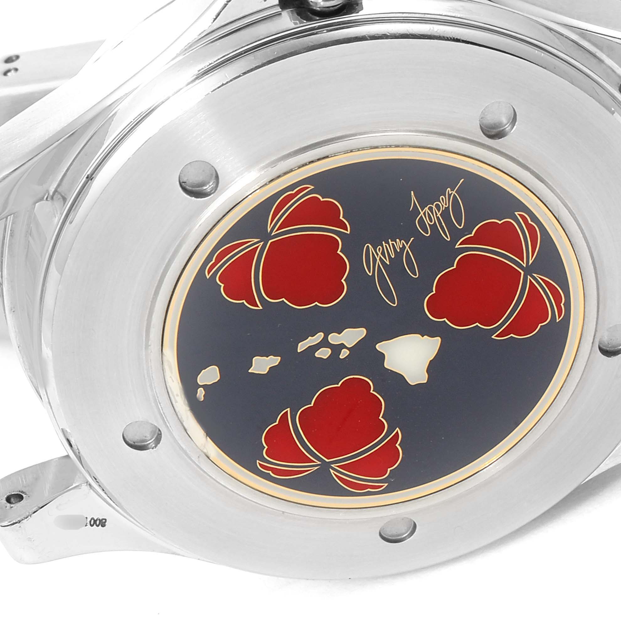 The image shows the case back of an Omega Seamaster 2536.50.00 Men's Stainless Steel Black Dial 2536.50.00 Men's Stainless Steel Black Dial watch, featuring a detailed design and signature.