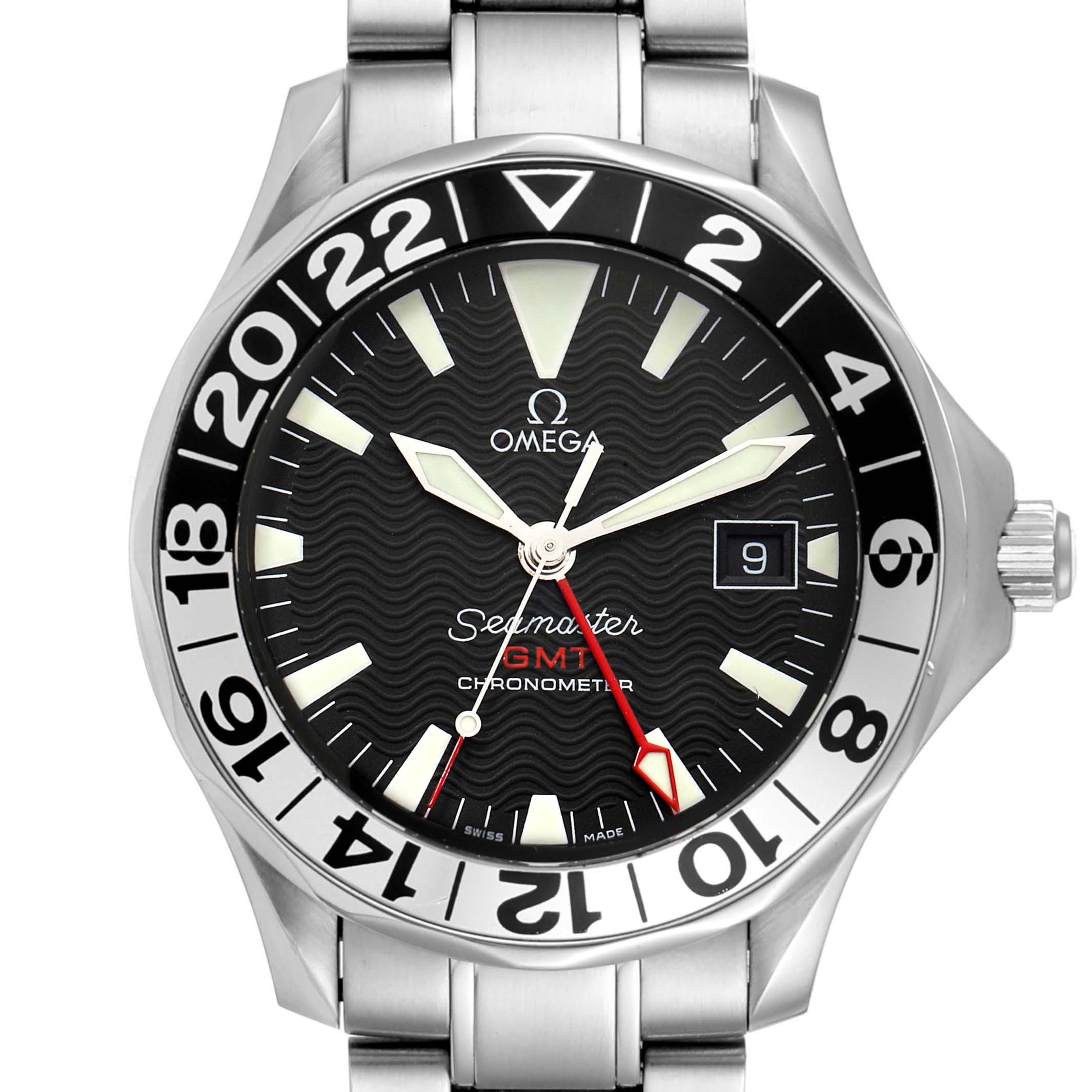 The image shows a front view of the Omega Seamaster 2536.50.00 Men's Stainless Steel Black Dial 2536.50.00 Men's Stainless Steel Black Dial GMT Chronometer watch, highlighting the dial, bezel, and bracelet.