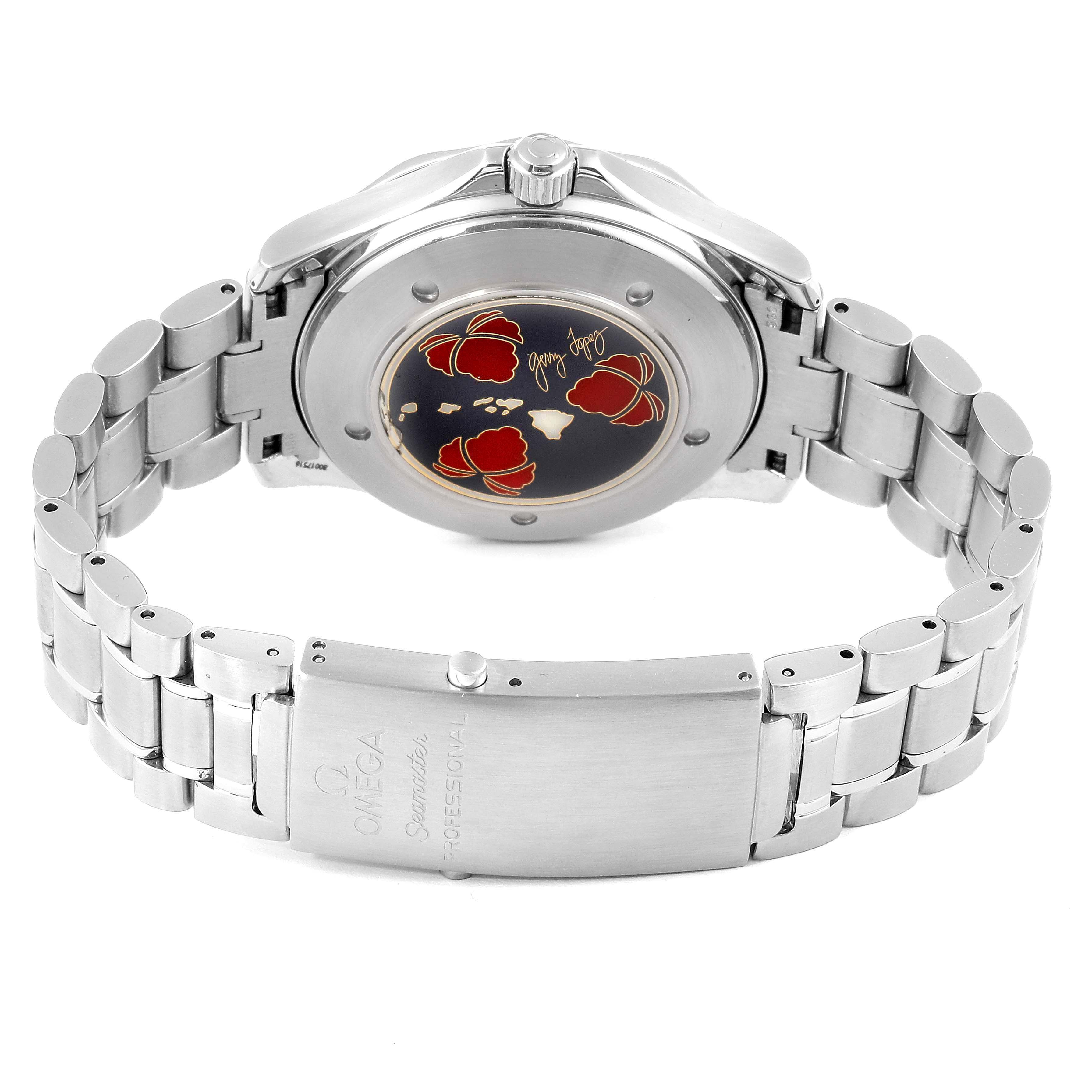 The image shows the back view of an Omega Seamaster 2536.50.00 Men's Stainless Steel Black Dial 2536.50.00 Men's Stainless Steel Black Dial watch, highlighting the clasp, bracelet, and case back.