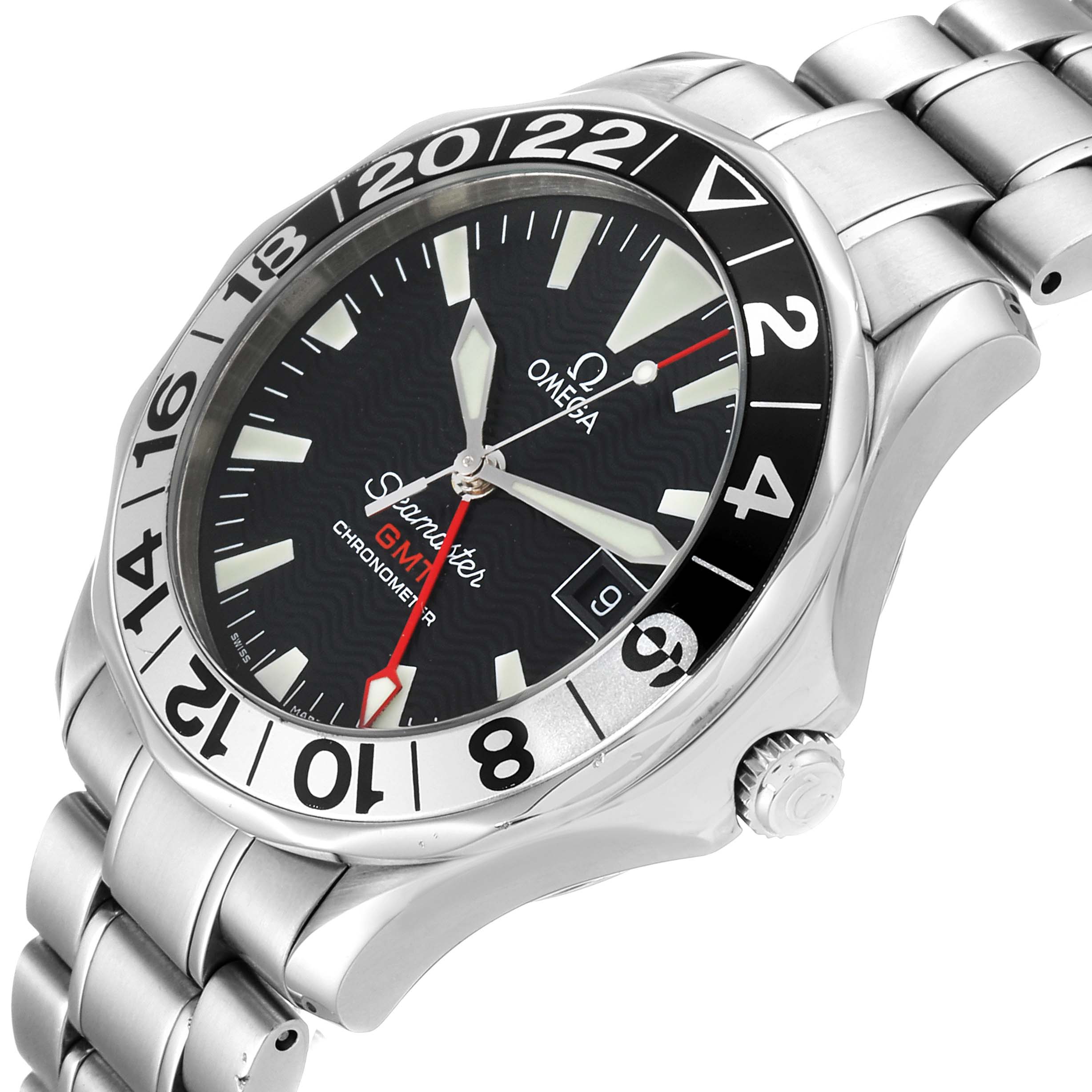 The Omega Seamaster 2536.50.00 Men's Stainless Steel Black Dial 2536.50.00 Men's Stainless Steel Black Dial watch is shown from an angled view, highlighting the dial, bezel, crown, and bracelet.