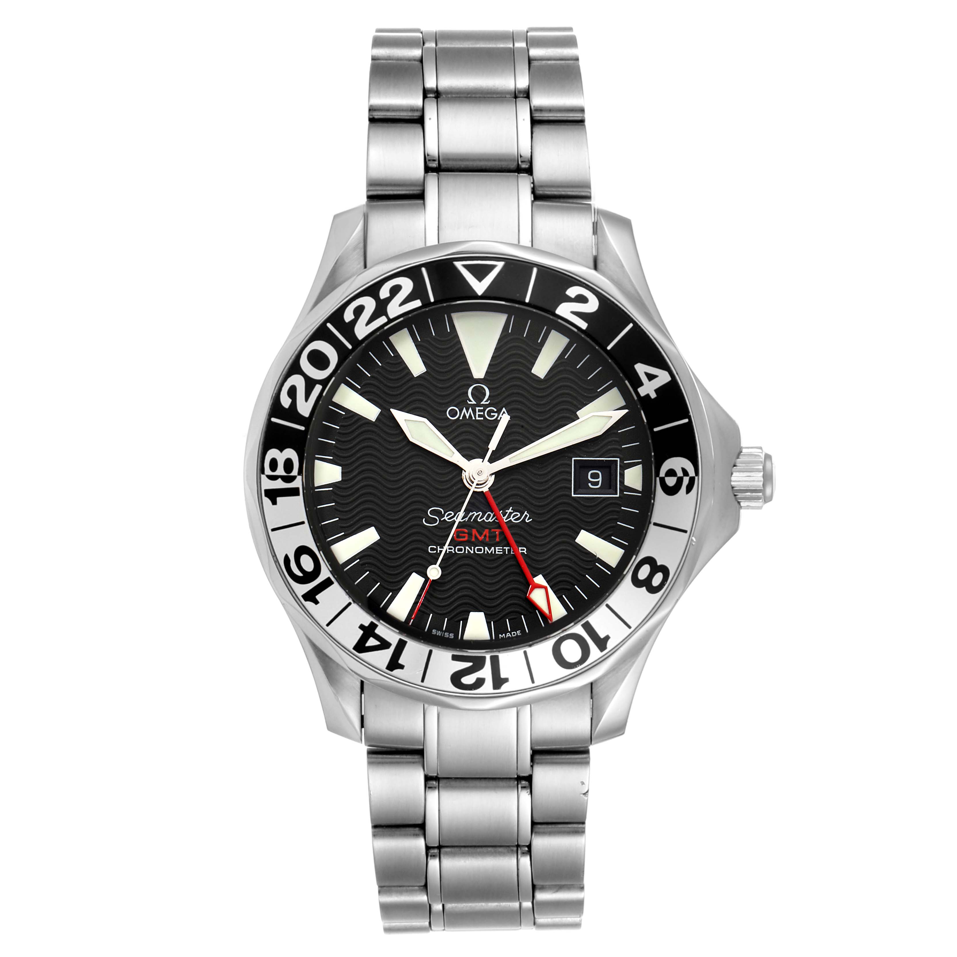 This image shows a front view of the Omega Seamaster 2536.50.00 Men's Stainless Steel Black Dial 2536.50.00 Men's Stainless Steel Black Dial GMT Chronometer watch, highlighting its face, bezel, and bracelet.