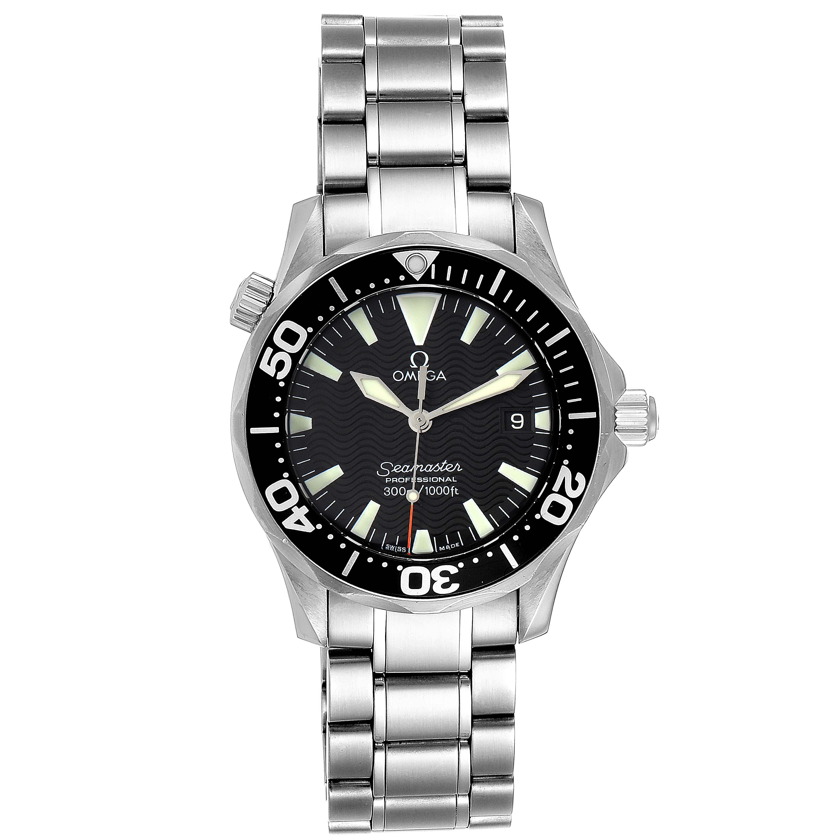 The image shows a front view of the Omega Seamaster 2262.50.00 Men
s Stainless Steel Black Dial 2262.50.00 Men
s Stainless Steel Black Dial watch, displaying the dial, bezel, crown, and stainless steel bracelet.
