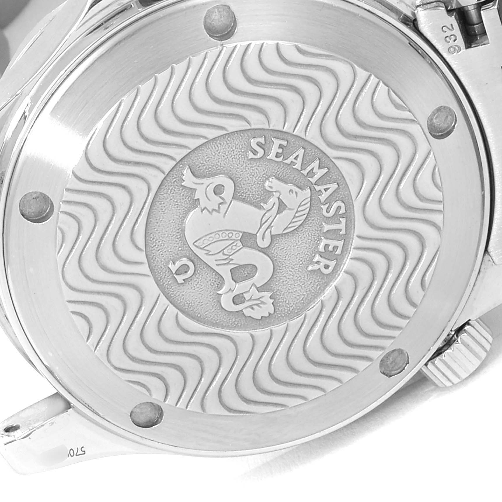 The image shows the back case of an Omega Seamaster 2262.50.00 Men
s Stainless Steel Black Dial 2262.50.00 Men
s Stainless Steel Black Dial watch, featuring the distinctive Seamaster logo and wave pattern design.