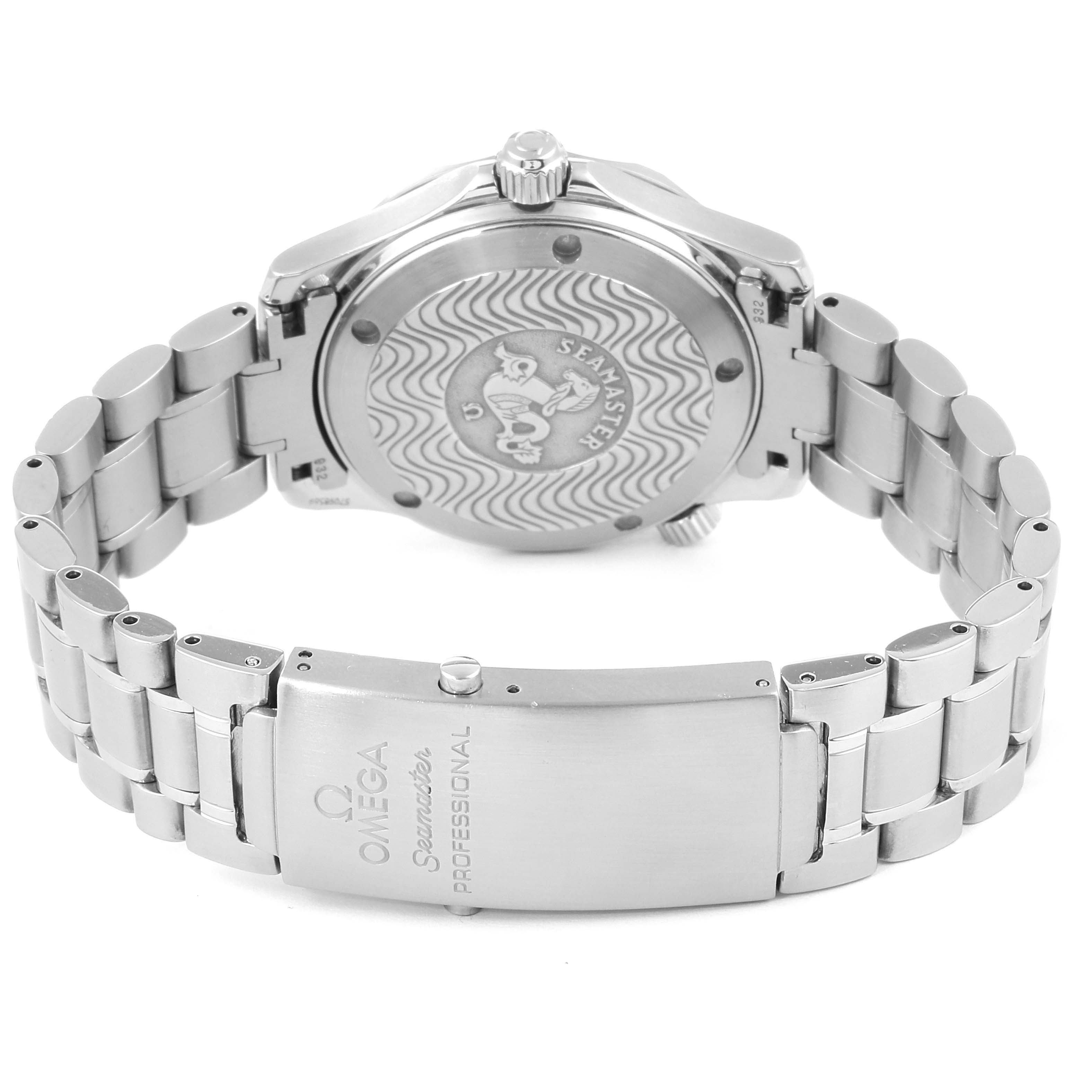 The image shows the back view of an Omega Seamaster 2262.50.00 Men
s Stainless Steel Black Dial 2262.50.00 Men
s Stainless Steel Black Dial watch, highlighting its clasp and case back design.