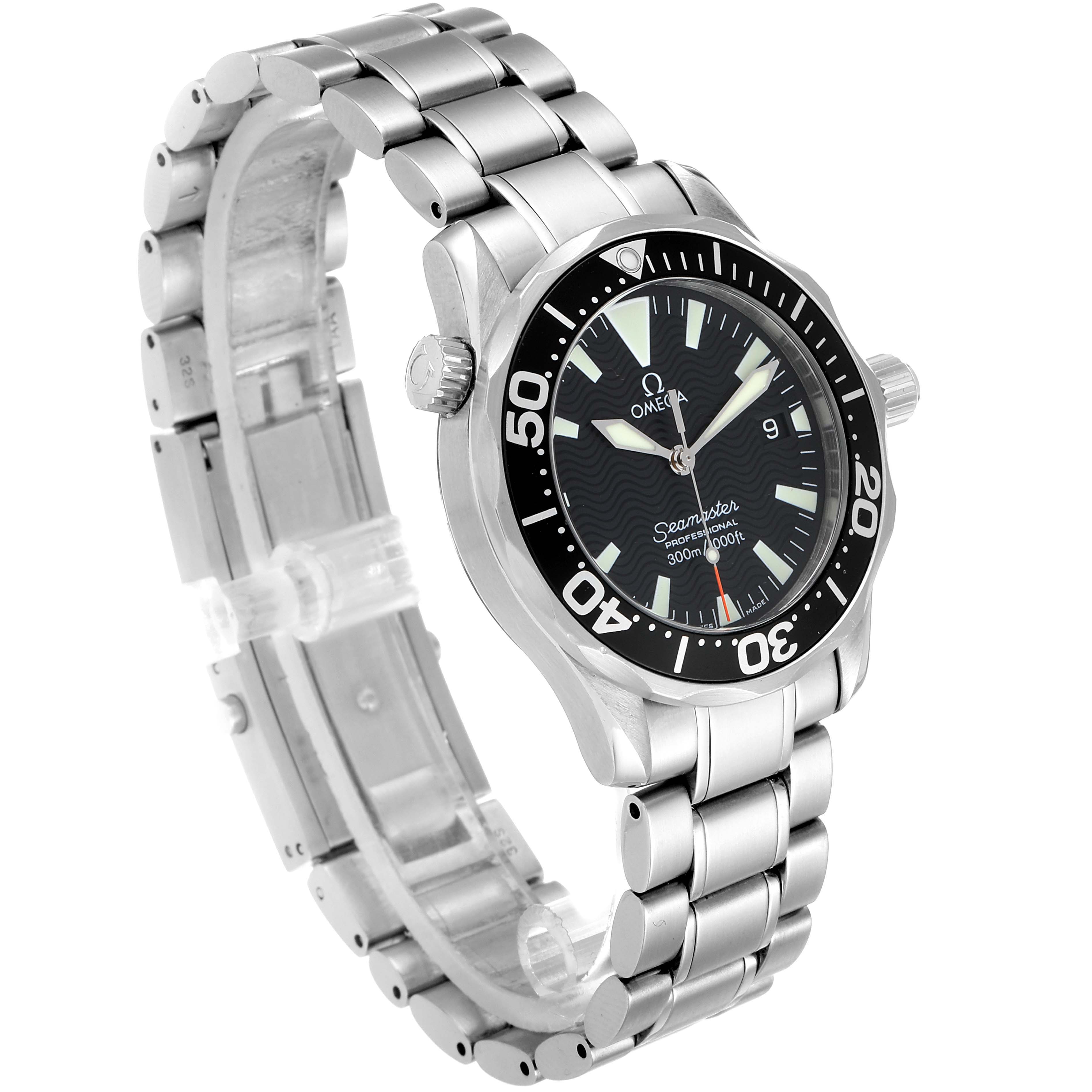 The Omega Seamaster 2262.50.00 Men
s Stainless Steel Black Dial 2262.50.00 Men
s Stainless Steel Black Dial watch is shown at an angled view, highlighting its case, bezel, dial, bracelet, and clasp.