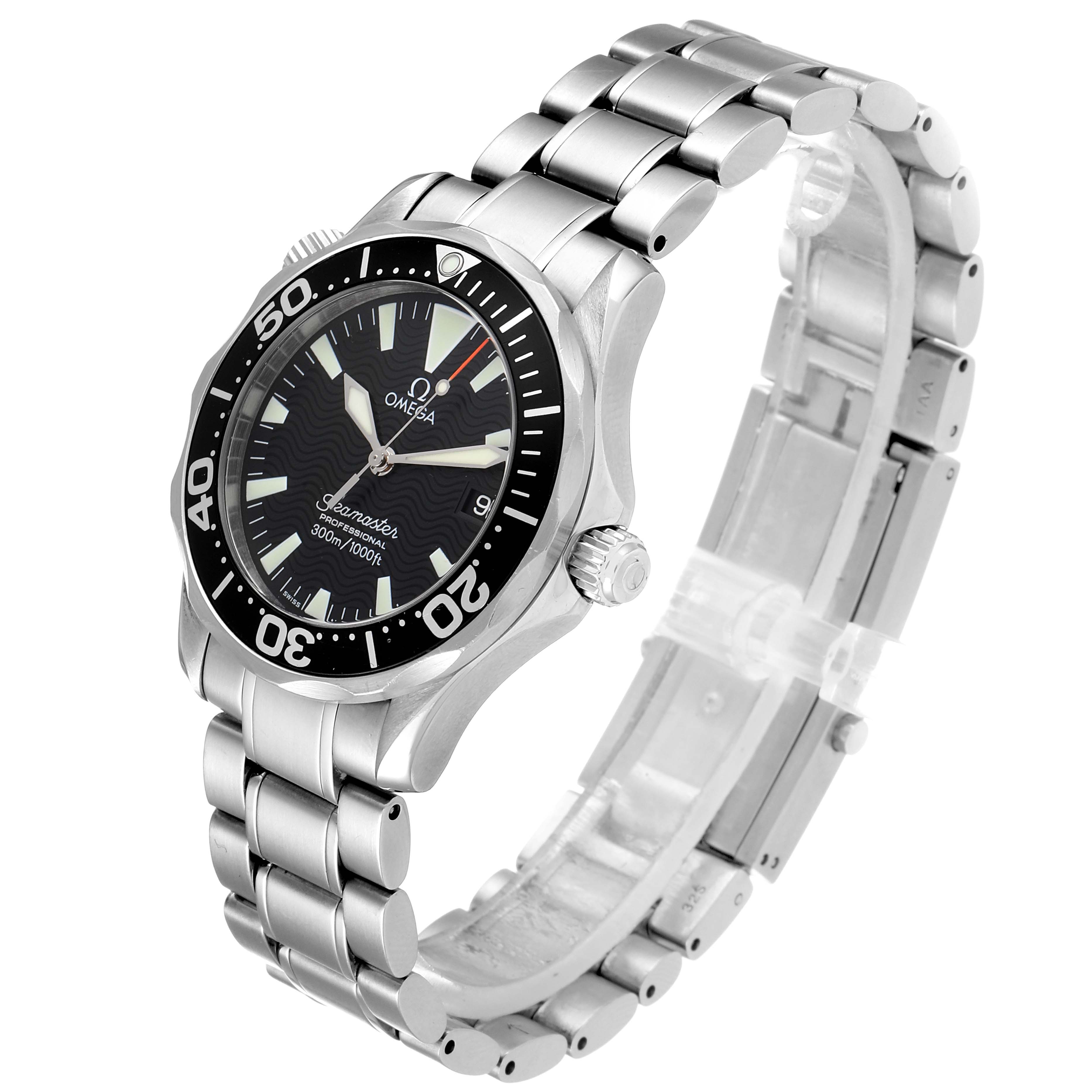 The image shows an Omega Seamaster 2262.50.00 Men
s Stainless Steel Black Dial 2262.50.00 Men
s Stainless Steel Black Dial watch at a slight angle, displaying the face, bezel, crown, and metal bracelet.