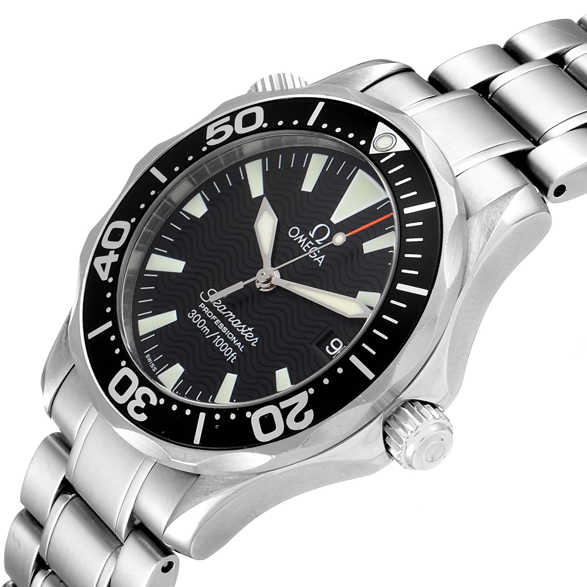 The image shows an angled view of the Omega Seamaster 2262.50.00 Men
s Stainless Steel Black Dial 2262.50.00 Men
s Stainless Steel Black Dial watch, highlighting the dial, bezel, crown, and part of the bracelet.