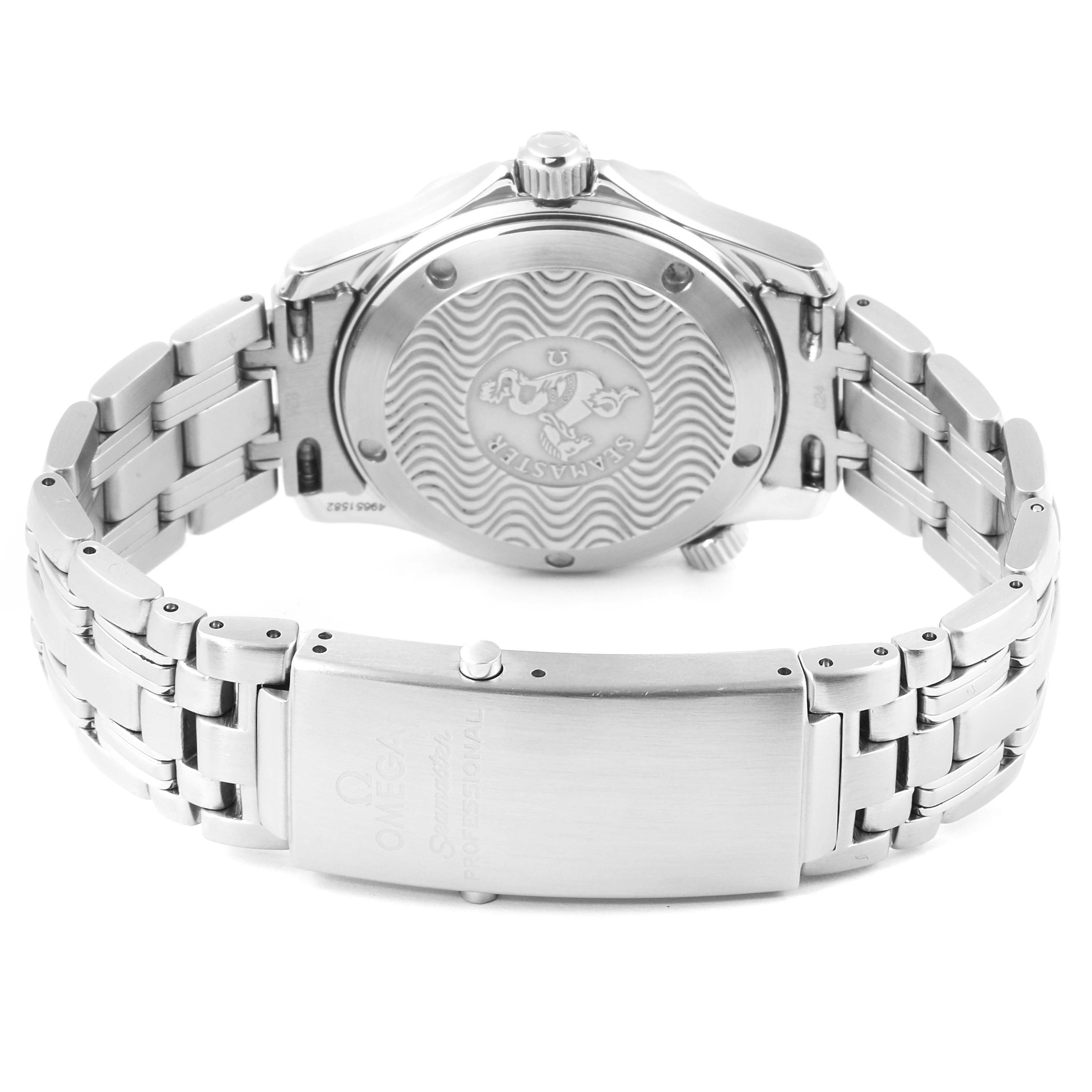 The image shows the case back and bracelet/clasp of an Omega Seamaster 2551.80.00 Men
s Stainless Steel Blue Dial 2551.80.00 Men
s Stainless Steel Blue Dial watch from the rear angle.