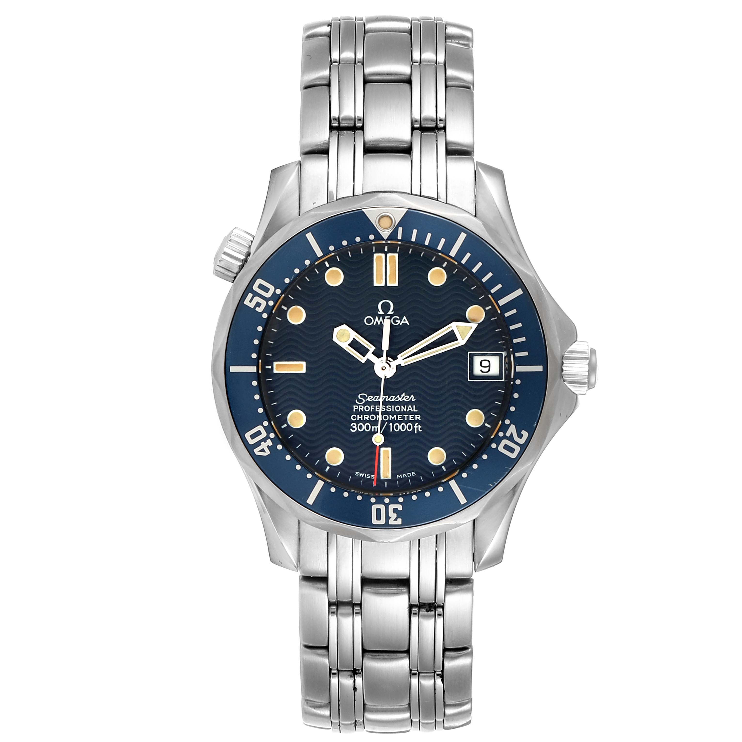 The image shows a frontal view of the Omega Seamaster 2551.80.00 Men
s Stainless Steel Blue Dial 2551.80.00 Men
s Stainless Steel Blue Dial watch, highlighting the dial, hands, bracelet, and date display.