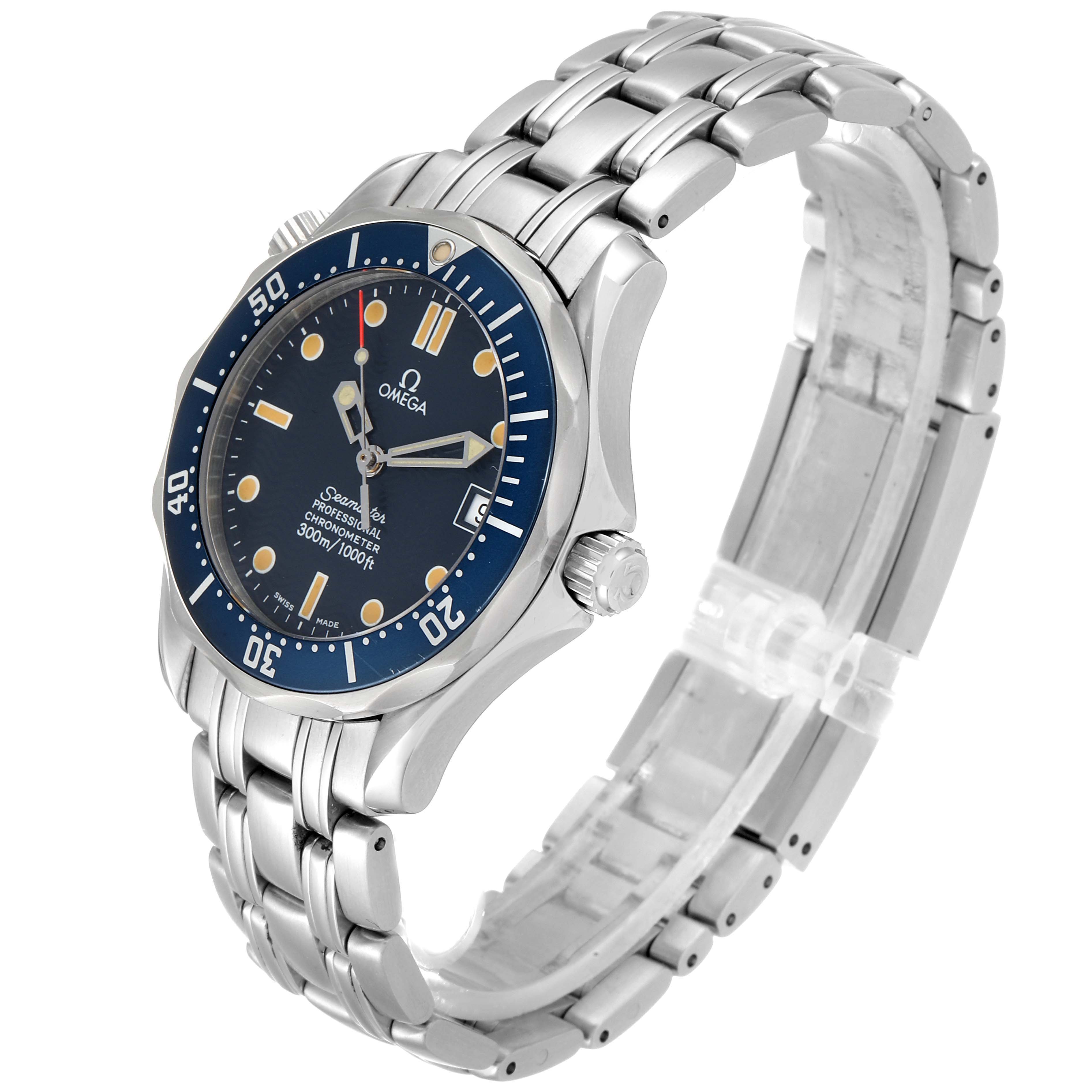 The Omega Seamaster 2551.80.00 Men
s Stainless Steel Blue Dial 2551.80.00 Men
s Stainless Steel Blue Dial watch is shown at a 3/4 front angle, highlighting its blue dial, bezel, and stainless steel bracelet.