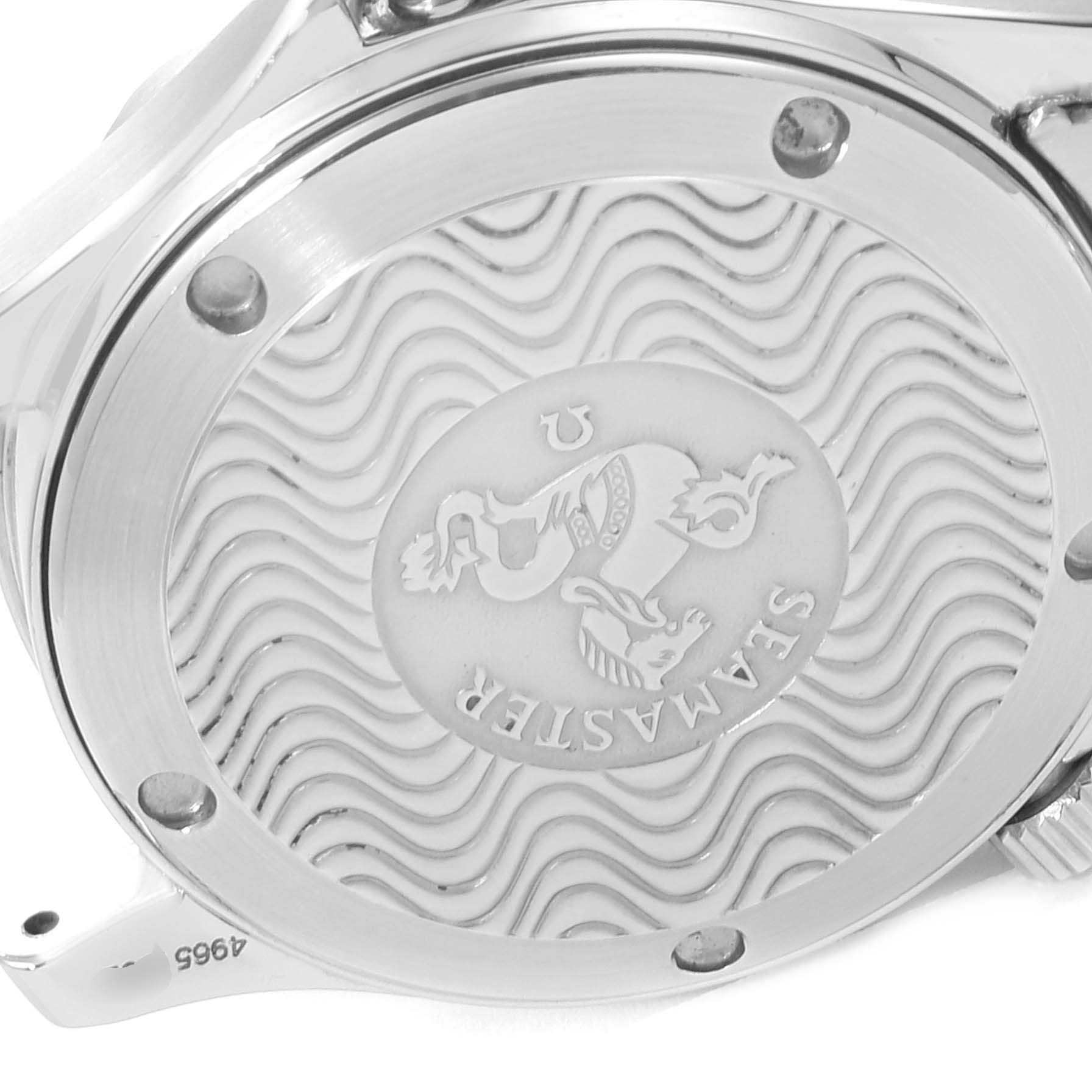 The image shows the case back of the Omega Seamaster 2551.80.00 Men
s Stainless Steel Blue Dial 2551.80.00 Men
s Stainless Steel Blue Dial watch, featuring its engraved logo and wave pattern.