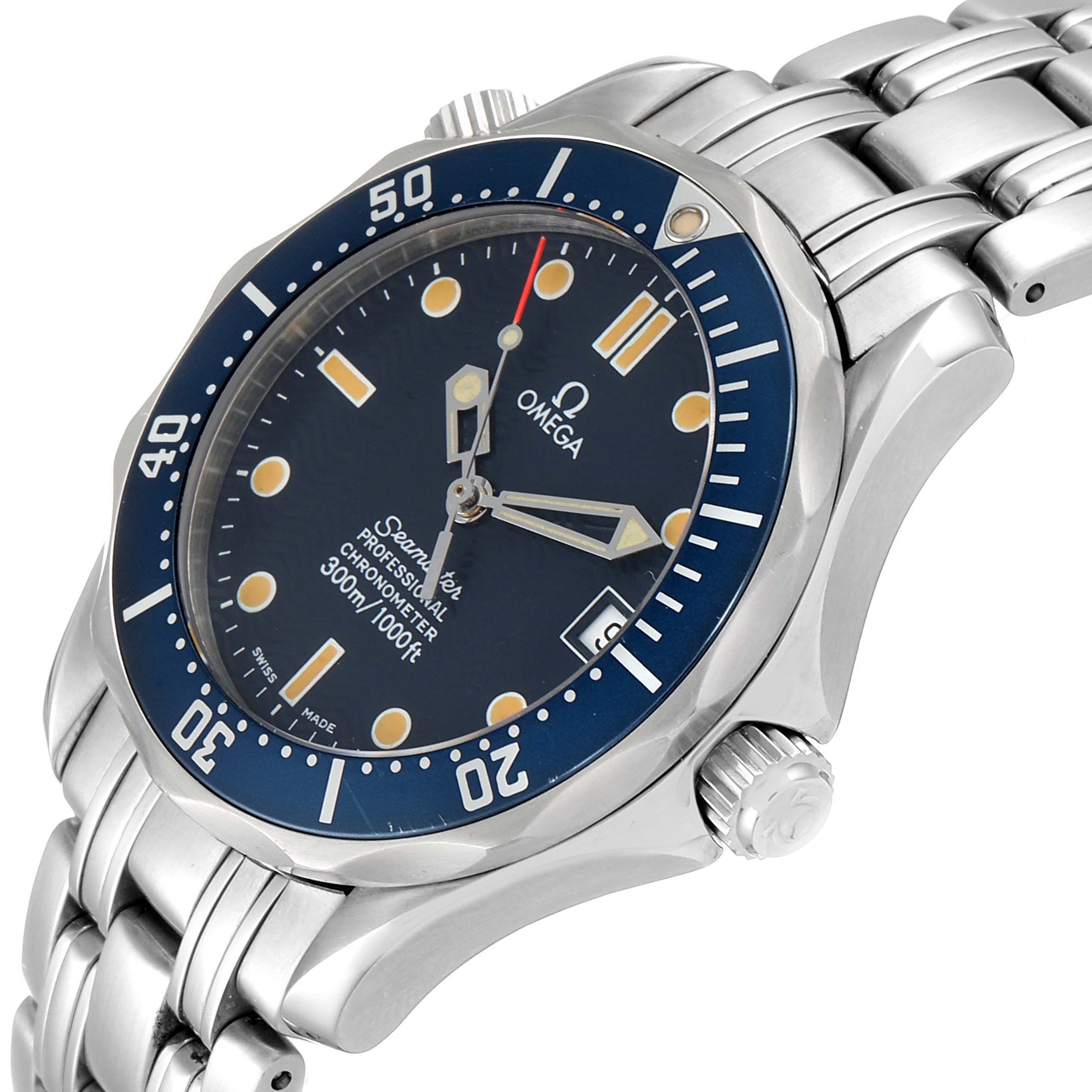 The image shows an angled view of an Omega Seamaster 2551.80.00 Men
s Stainless Steel Blue Dial 2551.80.00 Men
s Stainless Steel Blue Dial watch, detailing the bezel, dial, crown, and part of the bracelet.