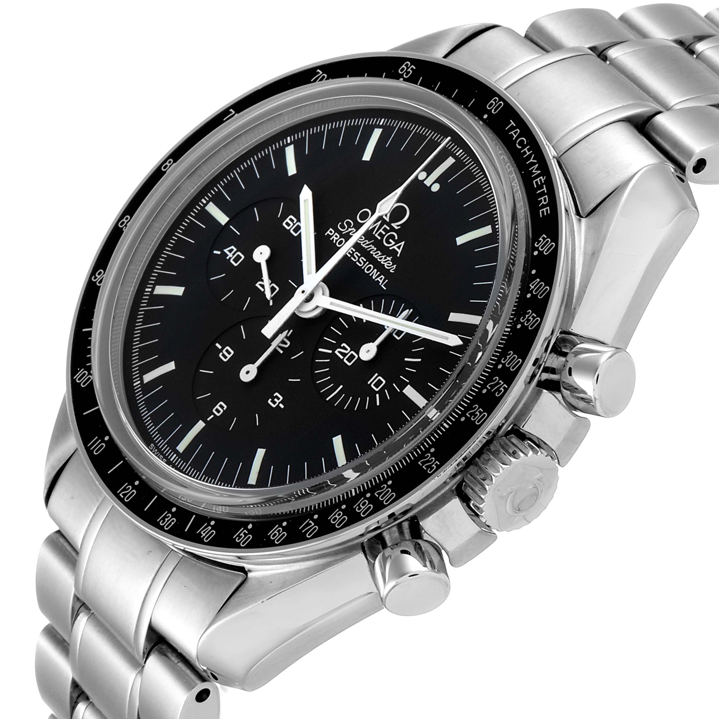 The image shows a side angle of the Omega Speedmaster 311.30.42.30.01.006 Men
s Stainless Steel Black Dial 311.30.42.30.01.006 Men
s Stainless Steel Black Dial, highlighting the dial, bezel, and stainless steel bracelet.