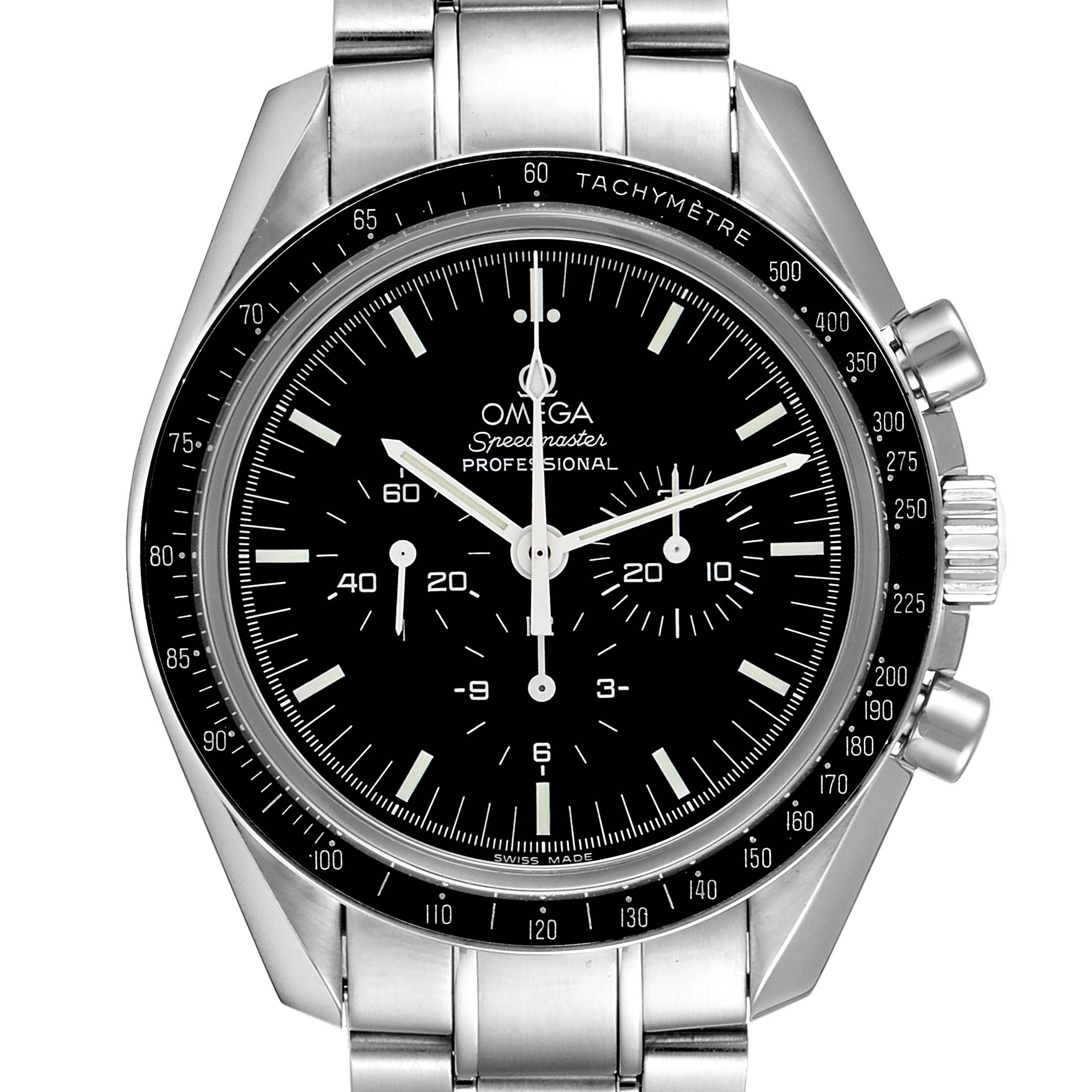 The Omega Speedmaster 311.30.42.30.01.006 Men
s Stainless Steel Black Dial 311.30.42.30.01.006 Men
s Stainless Steel Black Dial watch is shown from a front angle, displaying its dial, bezel, and part of its bracelet.
