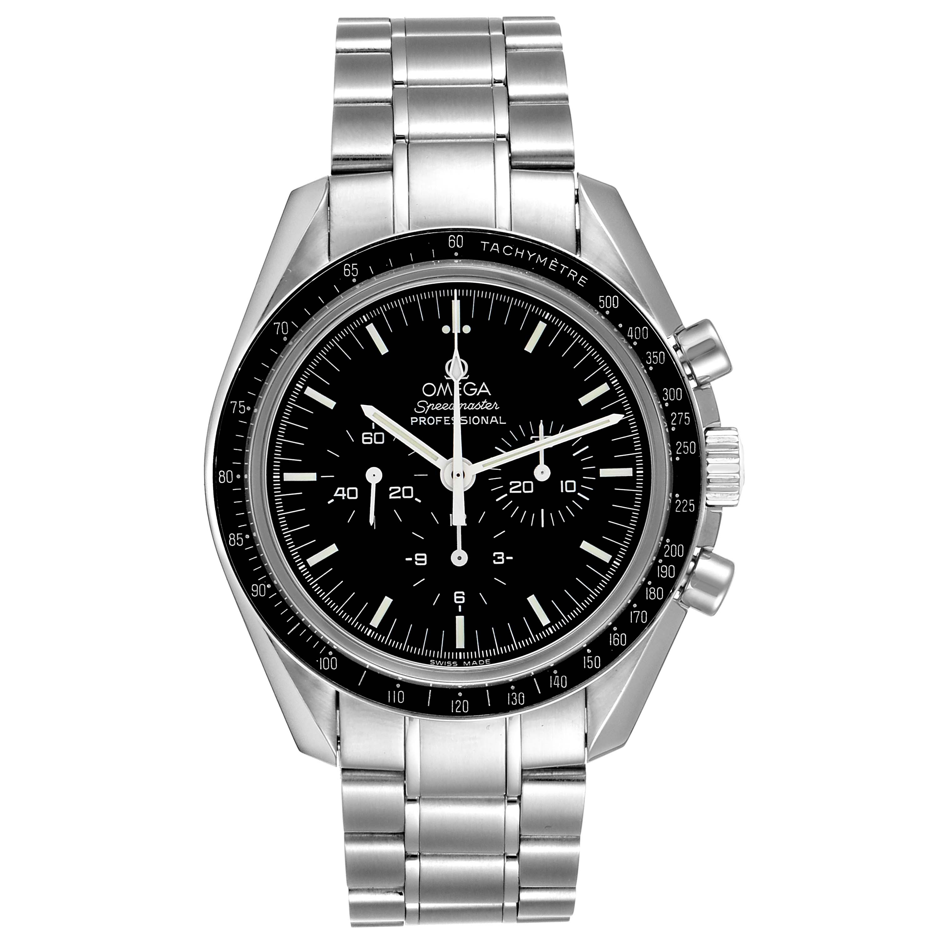 The image shows a front view of the Omega Speedmaster 311.30.42.30.01.006 Men
s Stainless Steel Black Dial 311.30.42.30.01.006 Men
s Stainless Steel Black Dial watch, highlighting its dial, bezel, pushers, and bracelet.