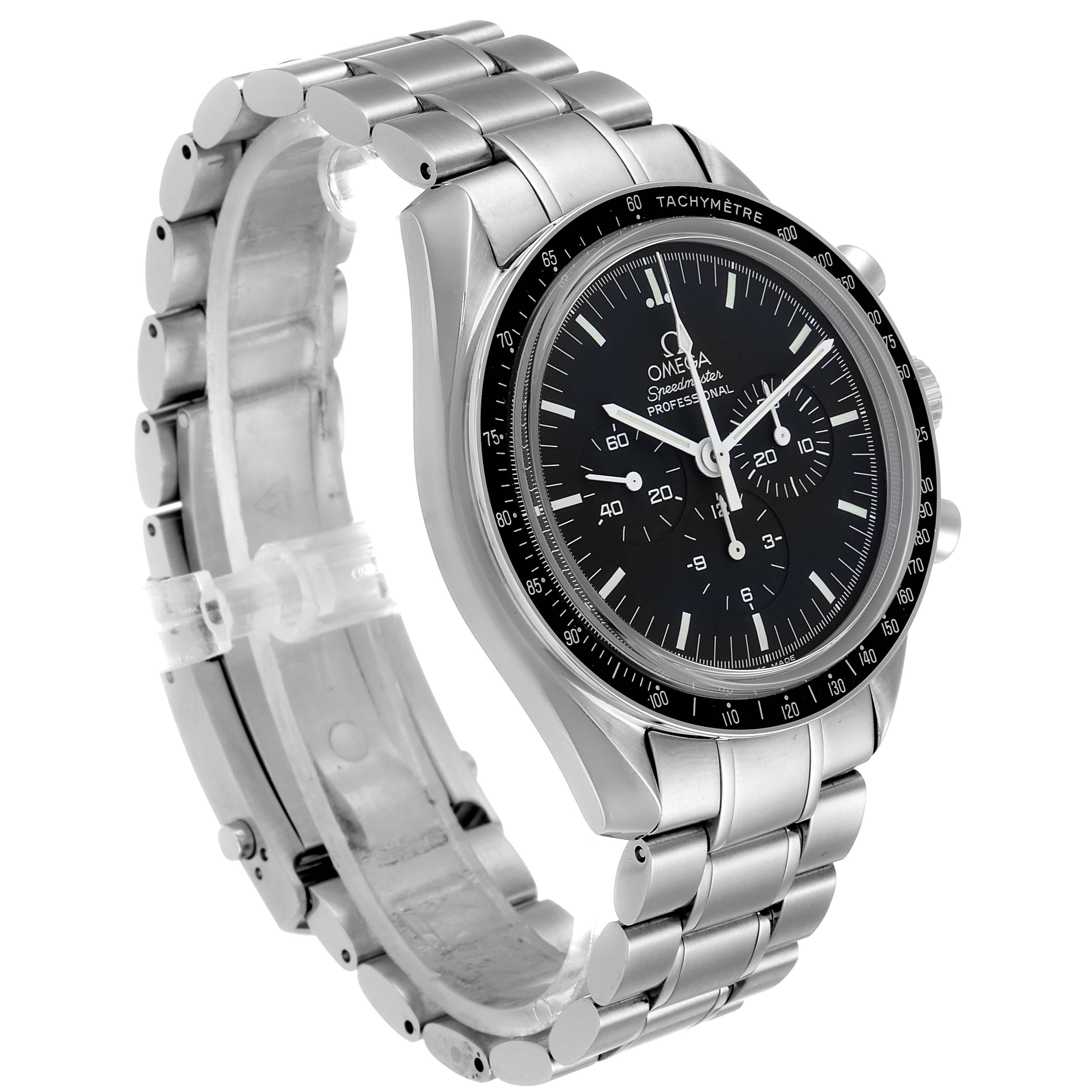 The Omega Speedmaster 311.30.42.30.01.006 Men
s Stainless Steel Black Dial 311.30.42.30.01.006 Men
s Stainless Steel Black Dial watch is shown at a slight angle, highlighting the face, bezel, and stainless steel bracelet.