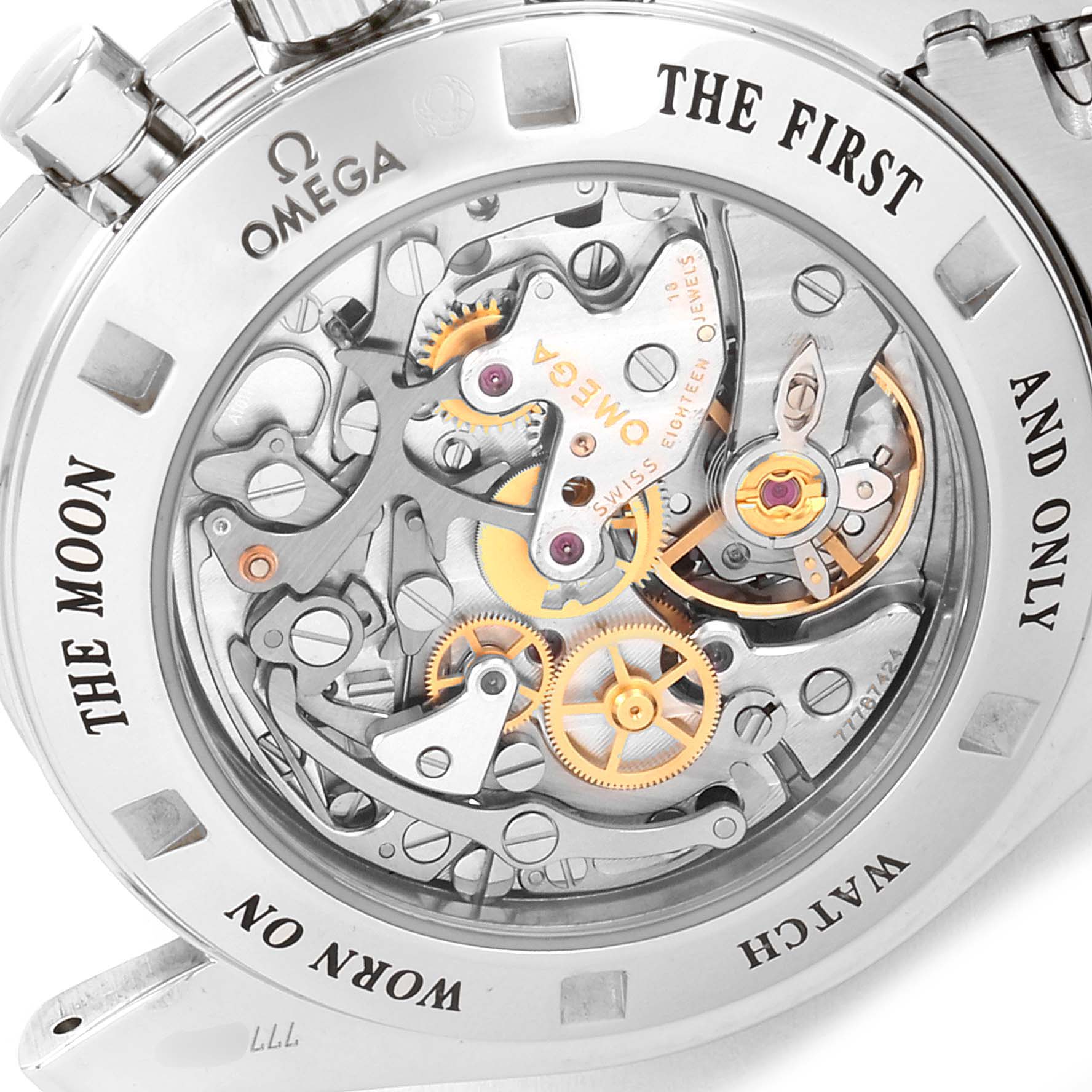 The image shows the intricate movement and back case of the Omega Speedmaster 311.30.42.30.01.006 Men
s Stainless Steel Black Dial 311.30.42.30.01.006 Men
s Stainless Steel Black Dial watch, highlighting the internal gears and mechanisms.