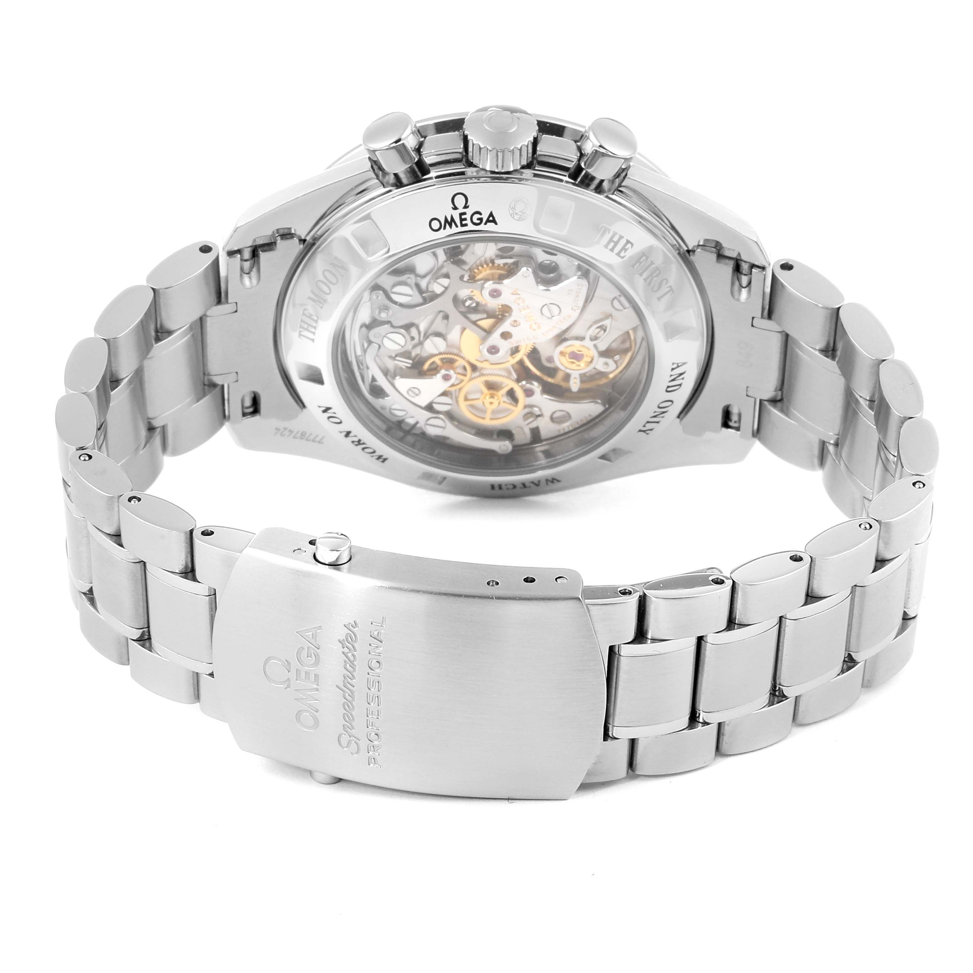 The image shows the back and clasp of an Omega Speedmaster 311.30.42.30.01.006 Men
s Stainless Steel Black Dial 311.30.42.30.01.006 Men
s Stainless Steel Black Dial watch, highlighting its transparent case back and bracelet.