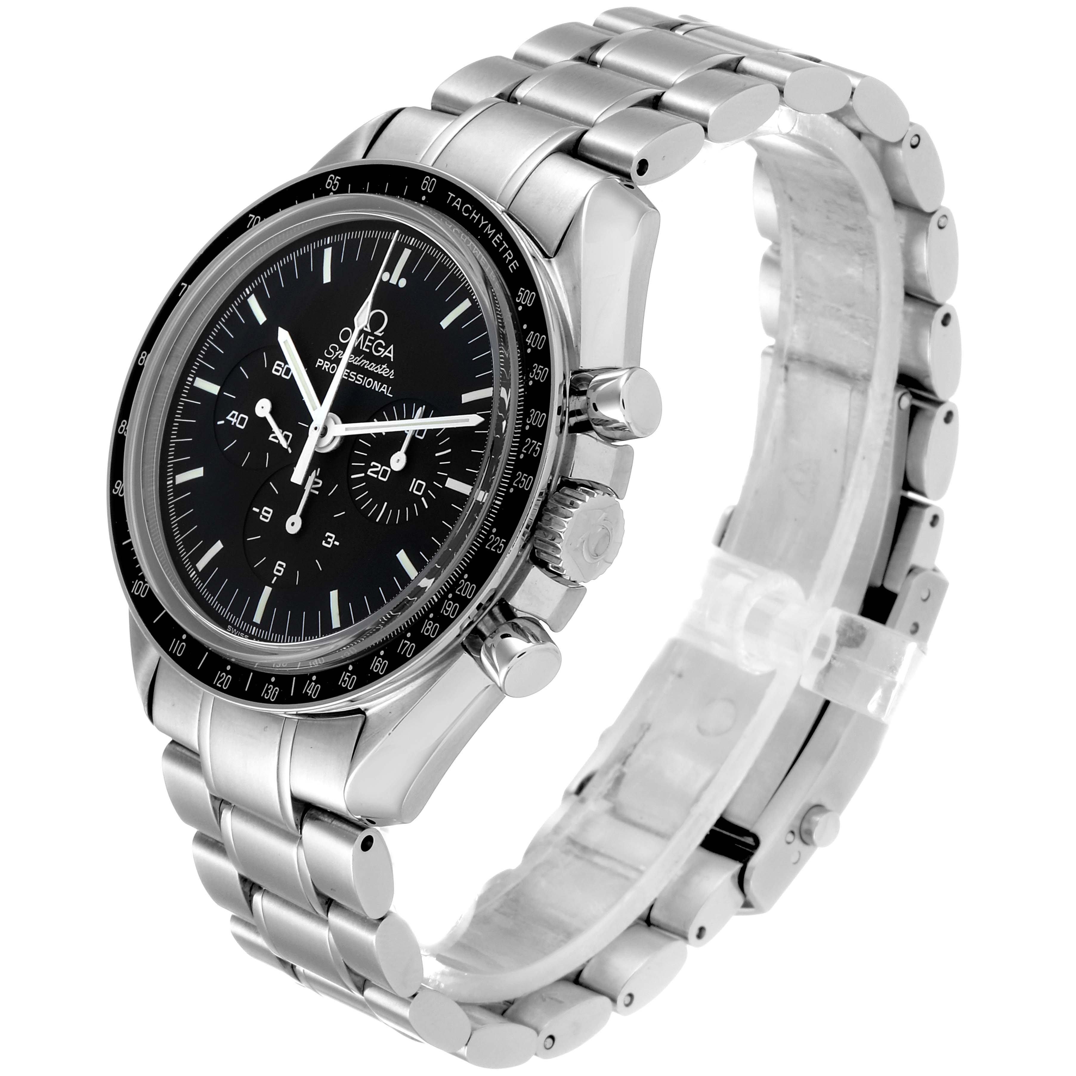 The angled view shows the Omega Speedmaster 311.30.42.30.01.006 Men
s Stainless Steel Black Dial 311.30.42.30.01.006 Men
s Stainless Steel Black Dial watch face, crown, pushers, and stainless steel bracelet.