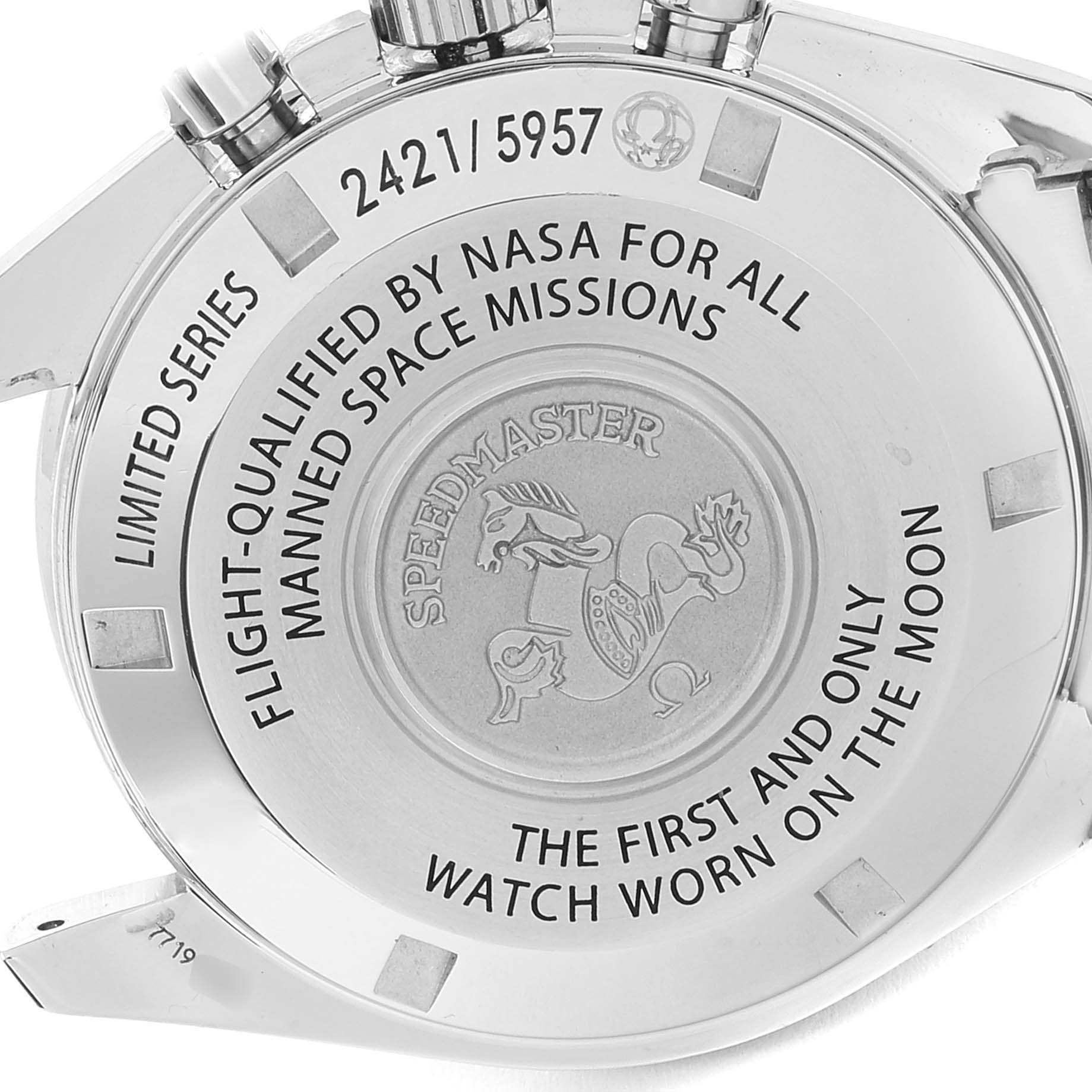 This is the back view of an Omega Speedmaster 311.30.42.30.01.001 Men's Stainless Steel Black Dial 311.30.42.30.01.001 Men's Stainless Steel Black Dial watch, showcasing its case back with engraved text and emblem.