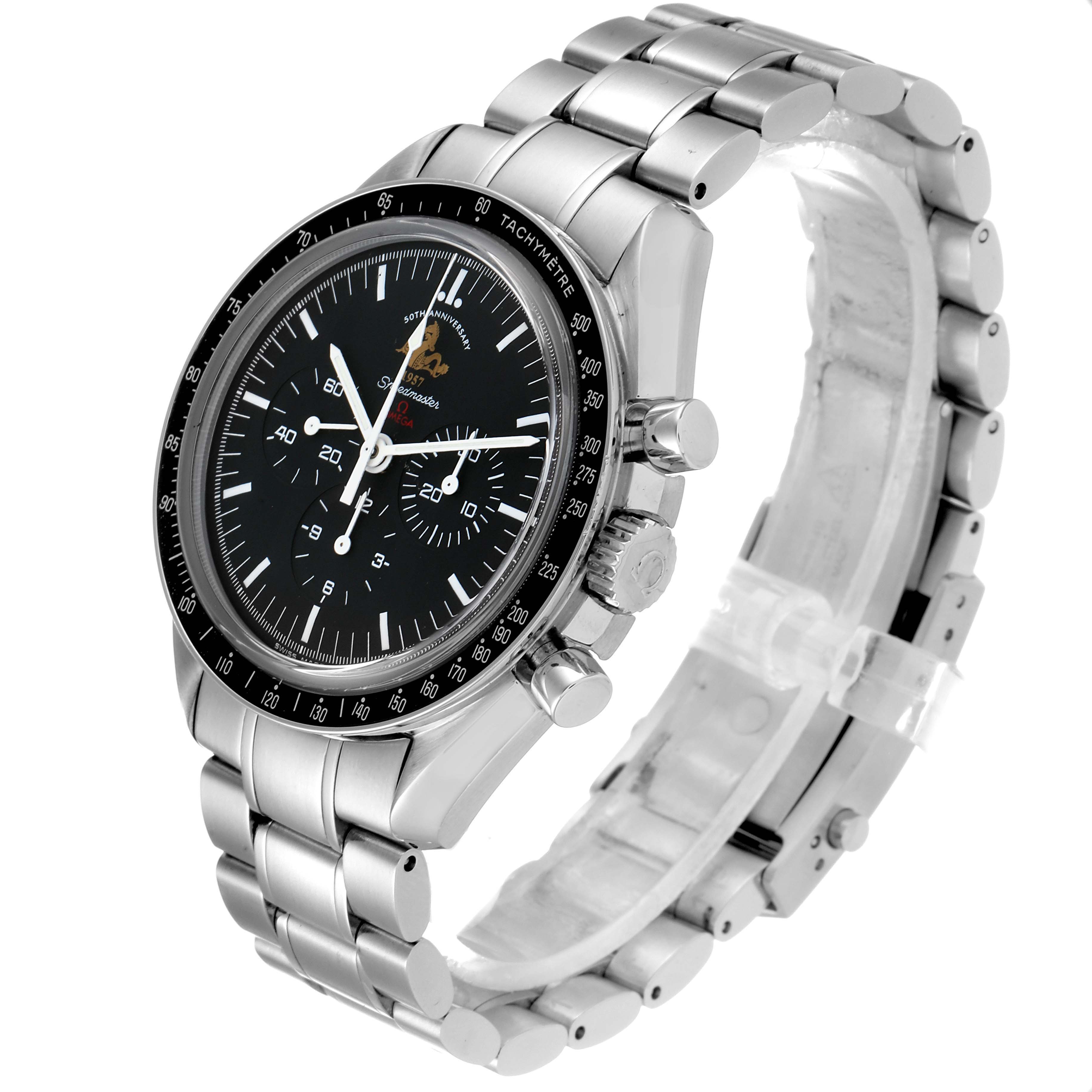 The Omega Speedmaster 311.30.42.30.01.001 Men's Stainless Steel Black Dial 311.30.42.30.01.001 Men's Stainless Steel Black Dial watch is shown from an angled side view, displaying its face, bezel, crown, and stainless steel bracelet.