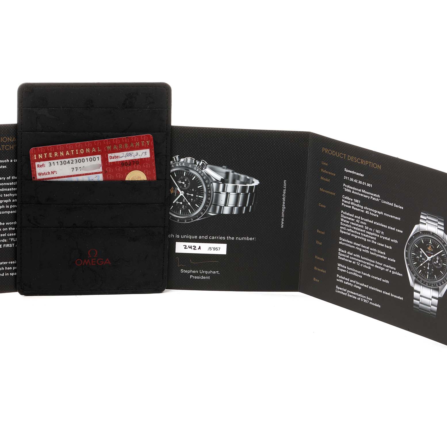 The image shows the documentation and warranty card for an Omega Speedmaster 311.30.42.30.01.001 Men's Stainless Steel Black Dial 311.30.42.30.01.001 Men's Stainless Steel Black Dial watch, including product specifications and an image of the watch.