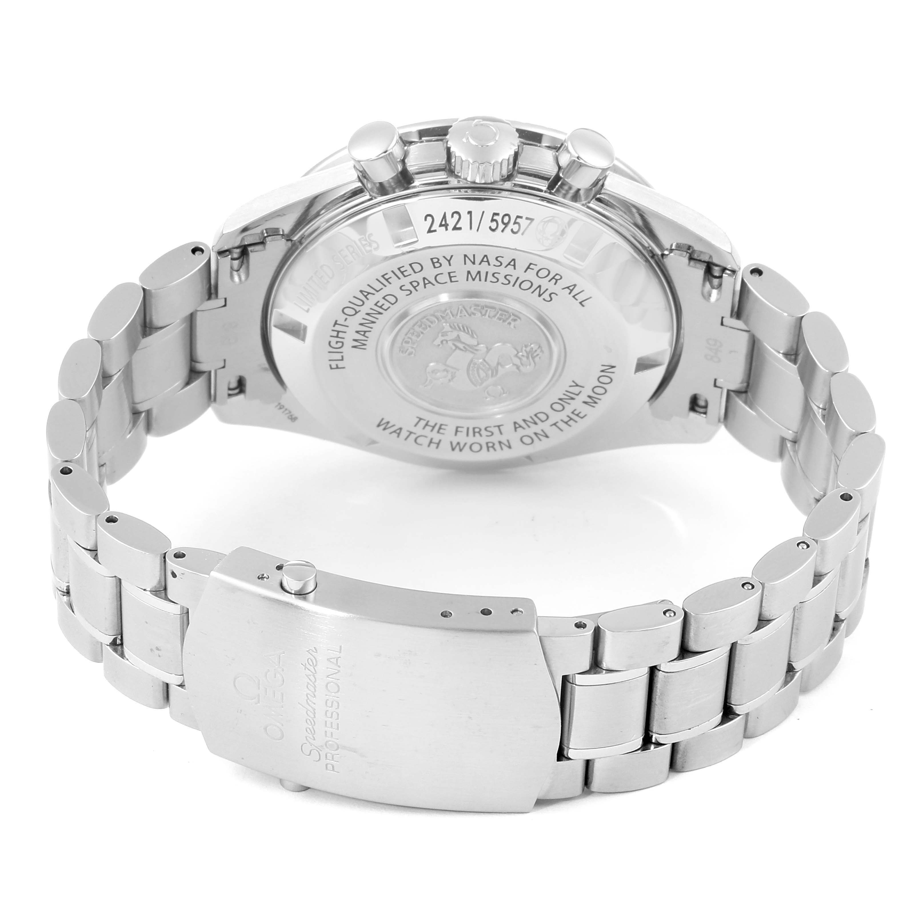 The image shows the back case and bracelet clasp of an Omega Speedmaster 311.30.42.30.01.001 Men's Stainless Steel Black Dial 311.30.42.30.01.001 Men's Stainless Steel Black Dial watch, viewed from the rear.