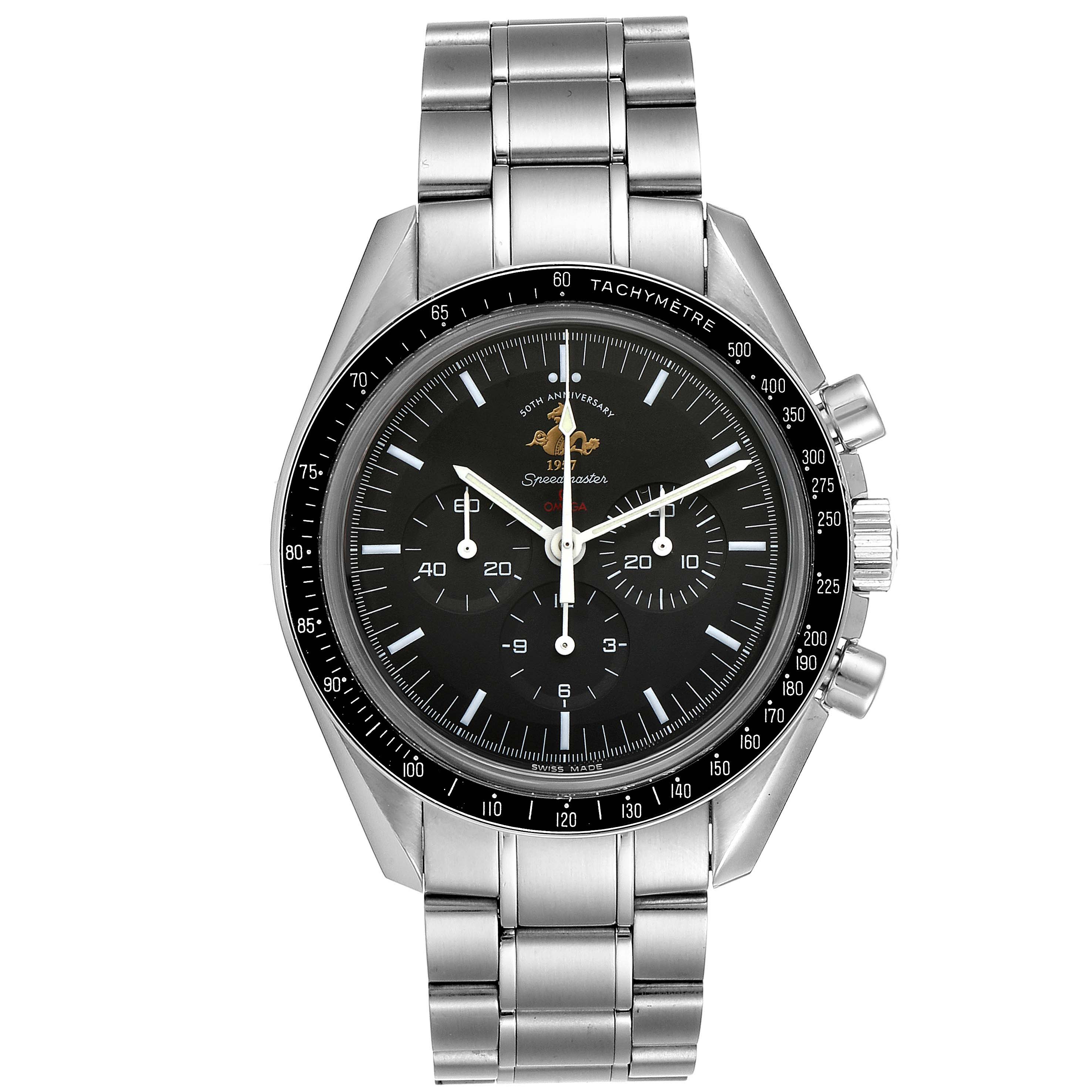 This Omega Speedmaster 311.30.42.30.01.001 Men's Stainless Steel Black Dial 311.30.42.30.01.001 Men's Stainless Steel Black Dial watch is shown from a straight-on angle, displaying its face, bezel, and metal bracelet.