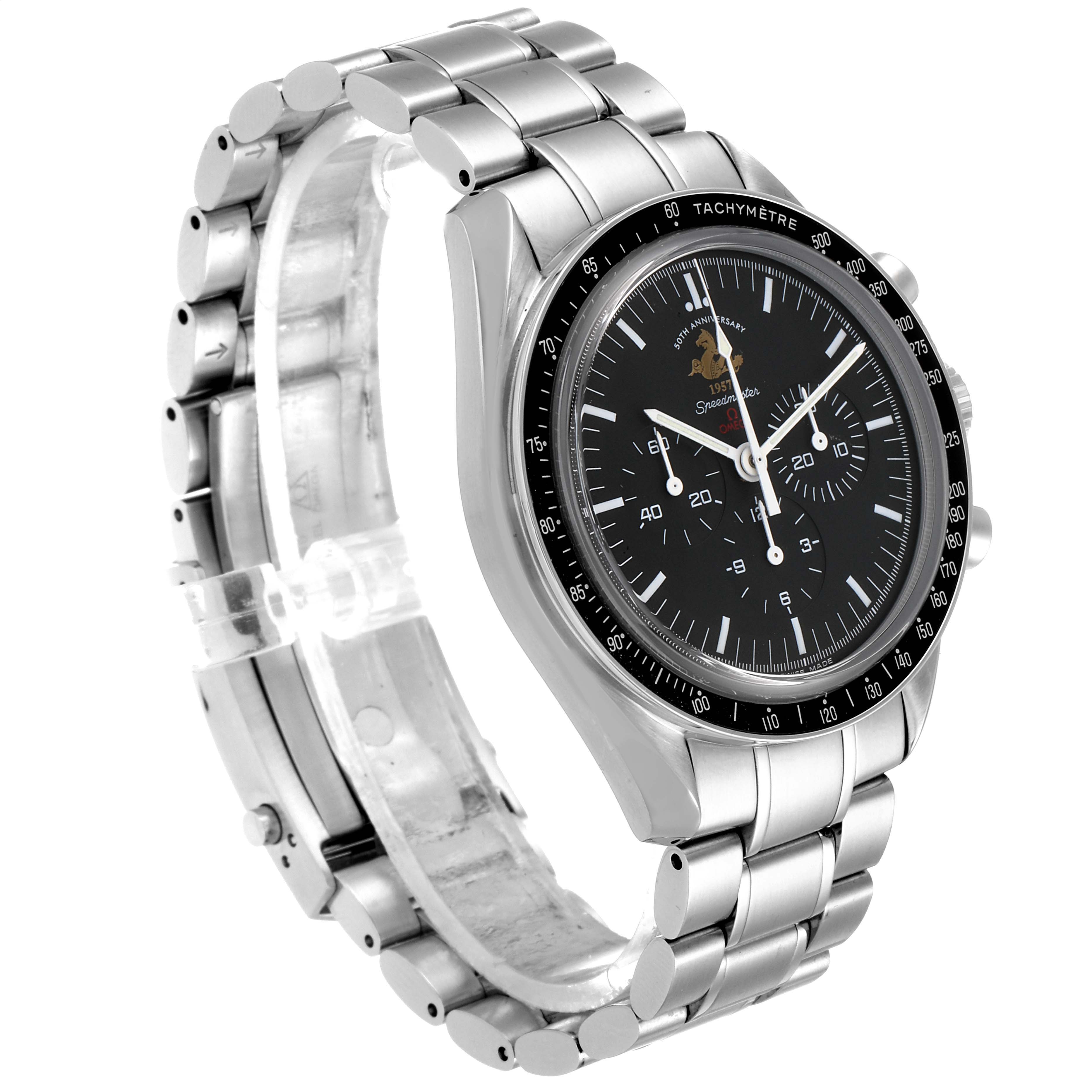 The image shows a side angle of an Omega Speedmaster 311.30.42.30.01.001 Men's Stainless Steel Black Dial 311.30.42.30.01.001 Men's Stainless Steel Black Dial watch, highlighting its stainless steel bracelet and tachymeter bezel.