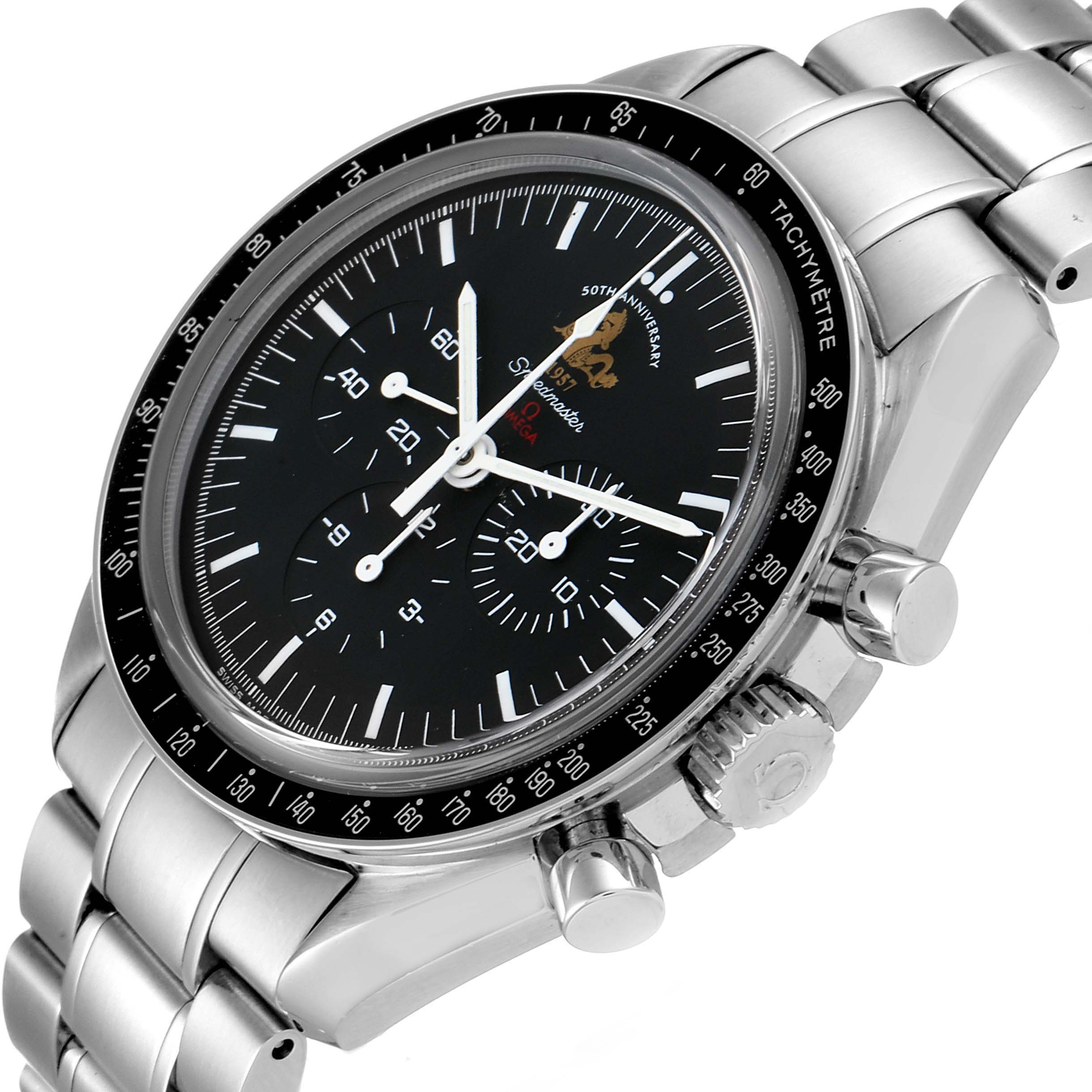 This Omega Speedmaster 311.30.42.30.01.001 Men's Stainless Steel Black Dial 311.30.42.30.01.001 Men's Stainless Steel Black Dial watch is shown at a slight angle, highlighting the dial, bezel, and stainless steel bracelet.